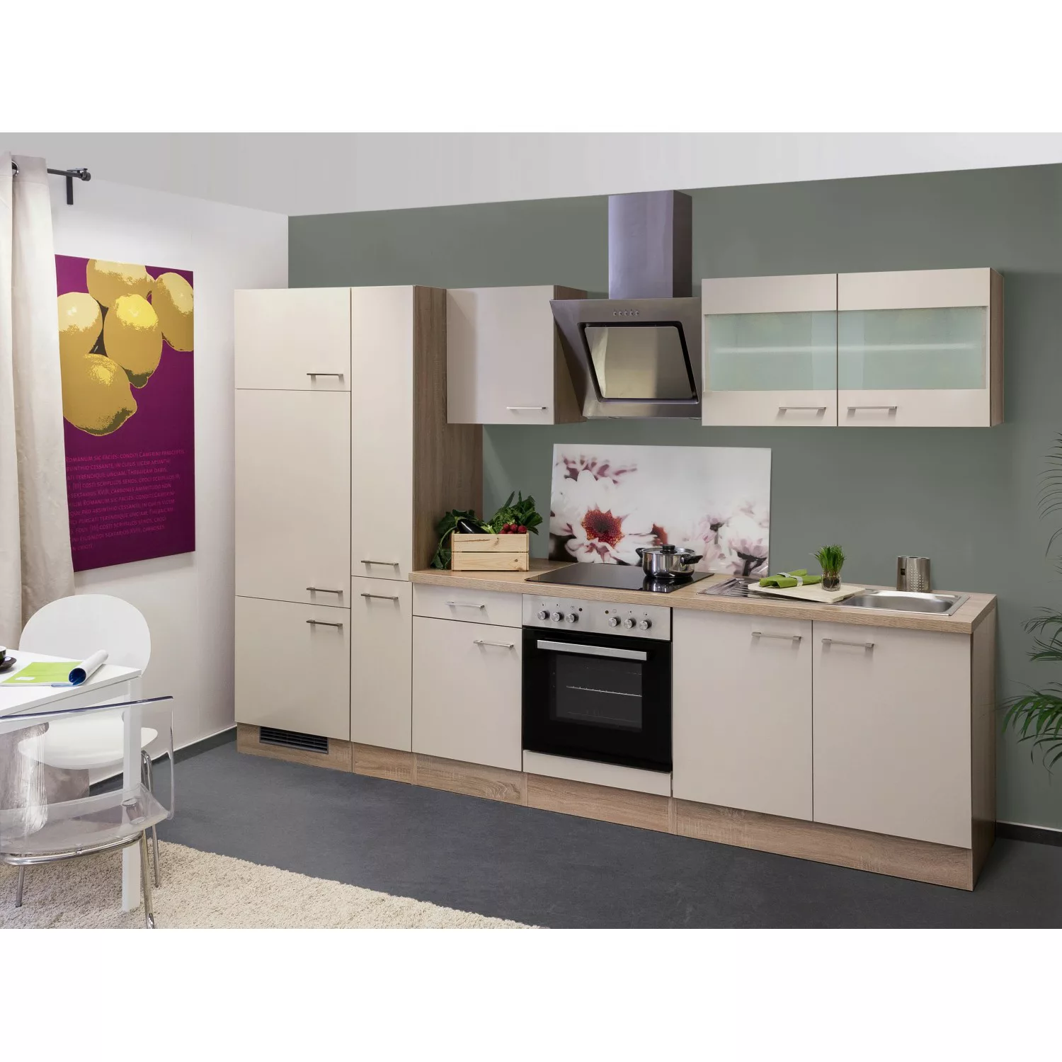 Flex-Well Exclusiv Küchenzeile Orlando 300 cm Kaschmir Glanz-Sonoma Eiche günstig online kaufen