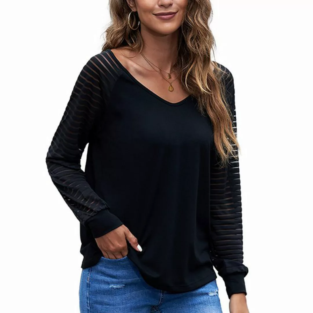 TAN.TOMI Langarmshirt Damen Oberteile Streifen Mesh Langarmshirt Casual V-A günstig online kaufen