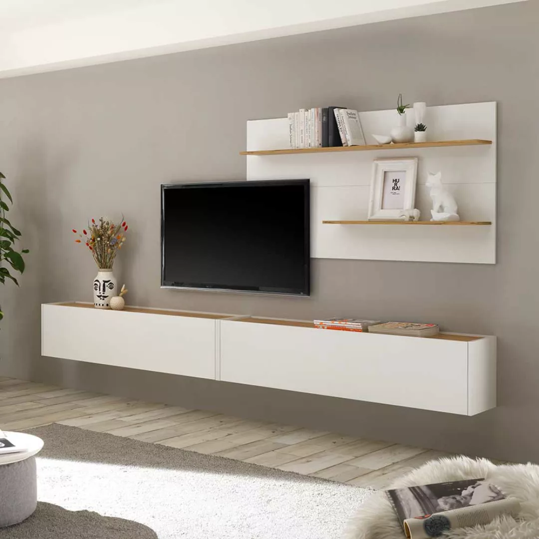 Wohnzimmerwand modern in Wildeichefarben und Weiß die Wandmontage (dreiteil günstig online kaufen