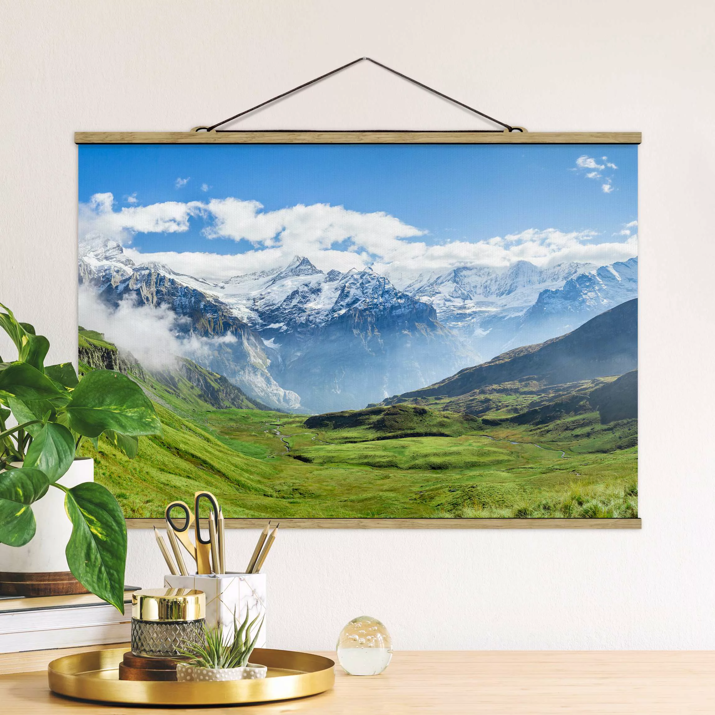 Stoffbild mit Posterleisten Schweizer Alpenpanorama günstig online kaufen