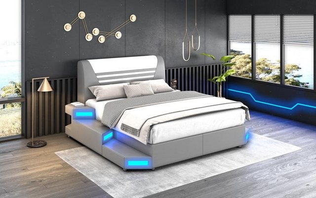 JVmoebel Bett Luxus Led Beleuchtetes Schlafzimmer Bett Lederbett 180x200 Mö günstig online kaufen