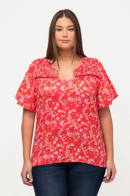 Ulla Popken Longbluse Smok-Bluse Blüten A-Linie Tunika-Ausschnitt günstig online kaufen