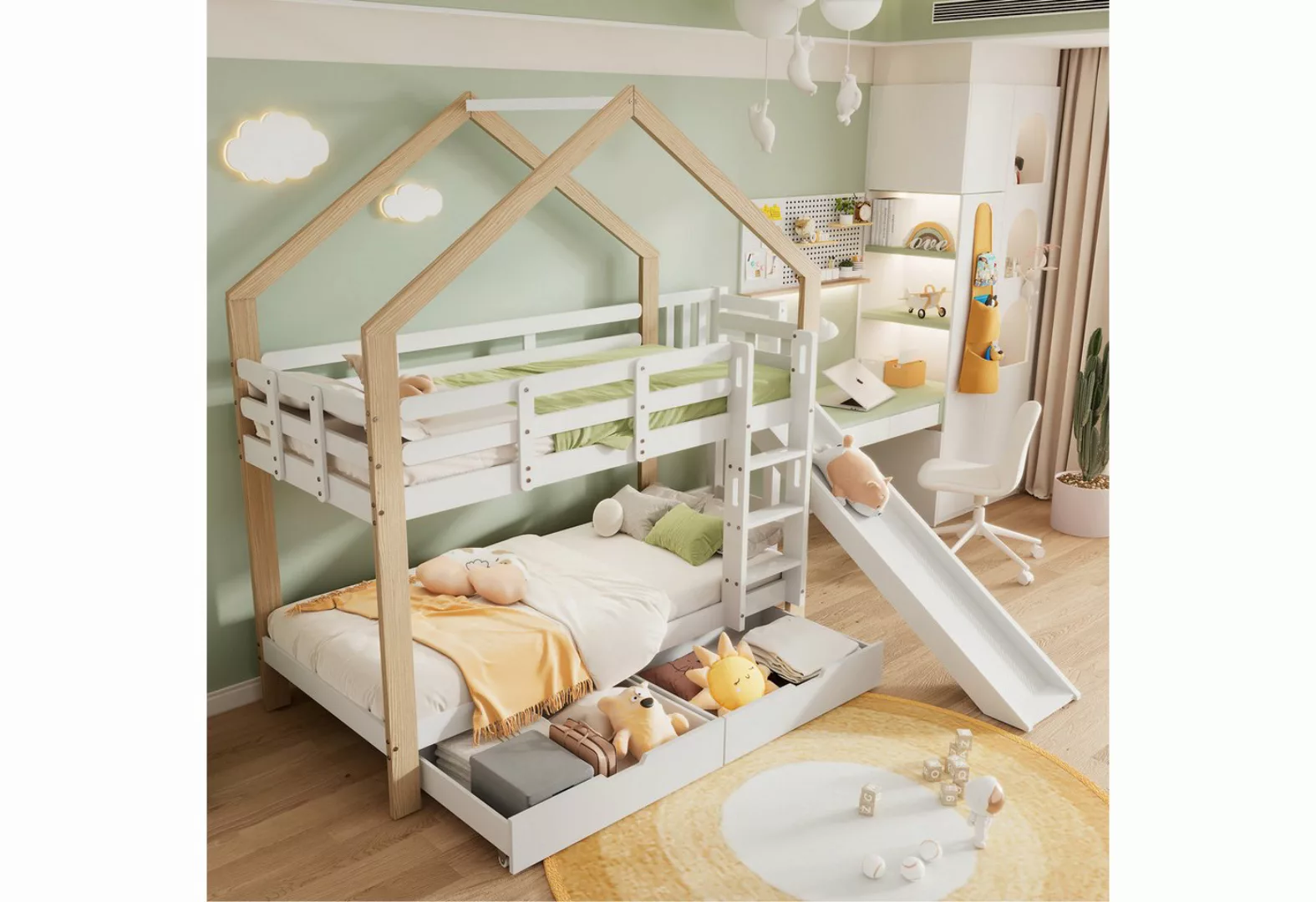 REDOM Etagenbett Holzbett Hausbett Kinderbett, mit Absturzsicherung 90x200 günstig online kaufen