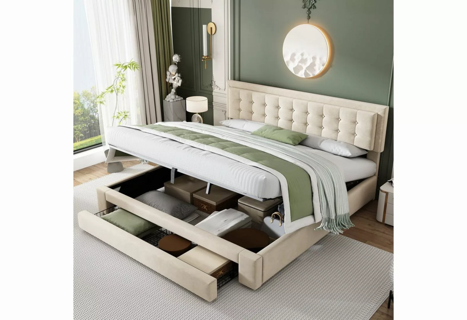 Celya Polsterbett Bett mit Kasten und Schubladen, 180×200cm Doppelbett, Lei günstig online kaufen