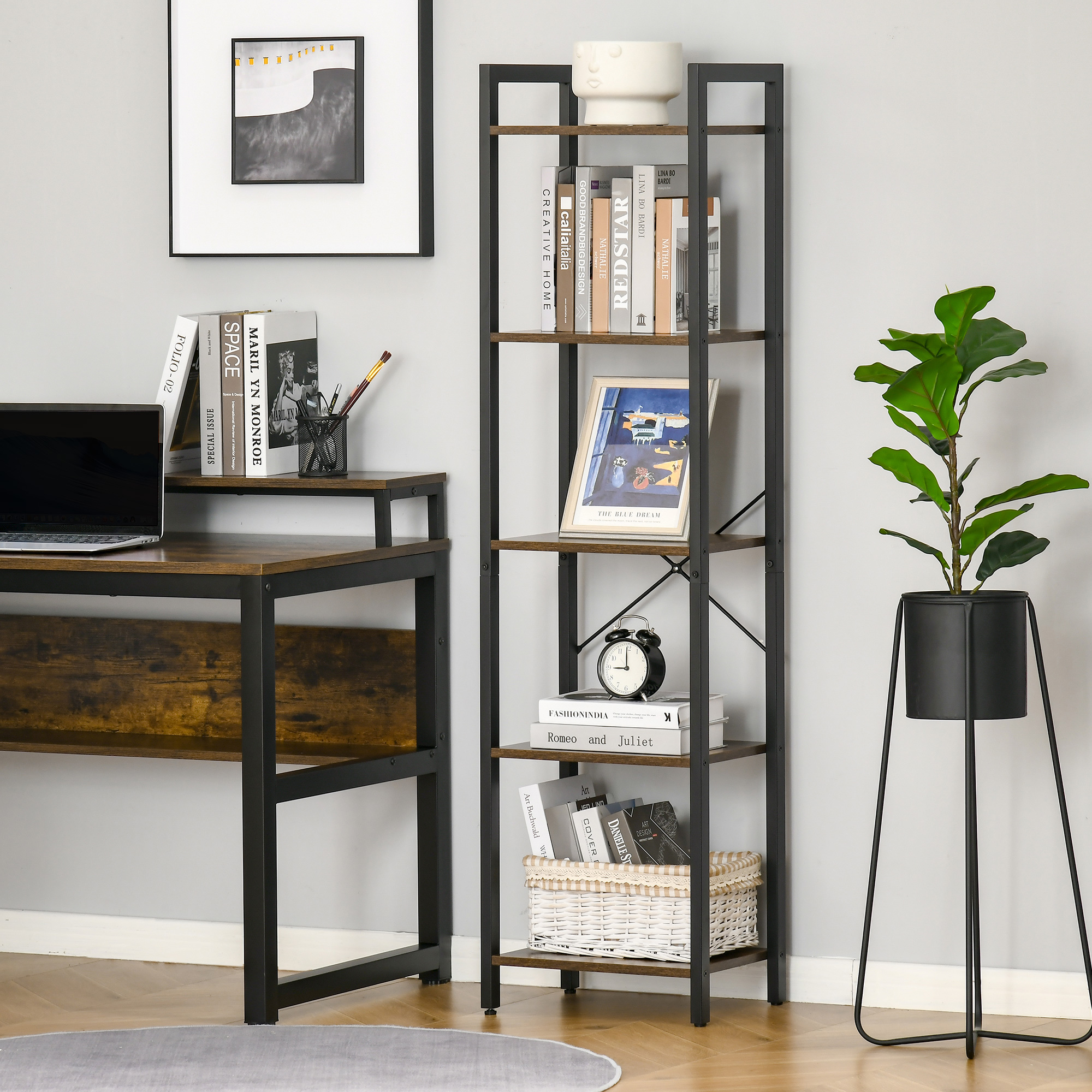 HOMCOM Bücherregal im Industrie-Stil H154 cm 5 Regale Schwarzer Stahl Spanp günstig online kaufen