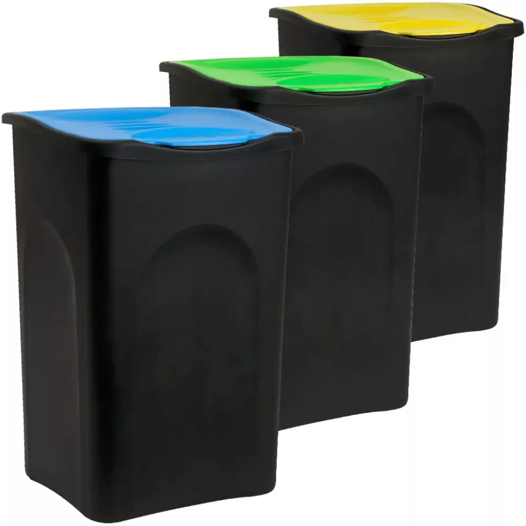 Mülleimer mit Deckel 3-tlg. Kunststoff Blau/Grün/Gelb 50L günstig online kaufen