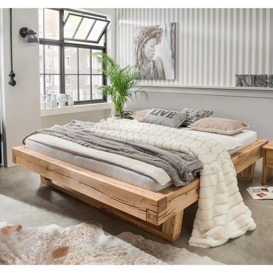 Massivholz Doppelbett, 200x200 cm, Eiche massiv, ohne Kopfteil, Massivholzk günstig online kaufen