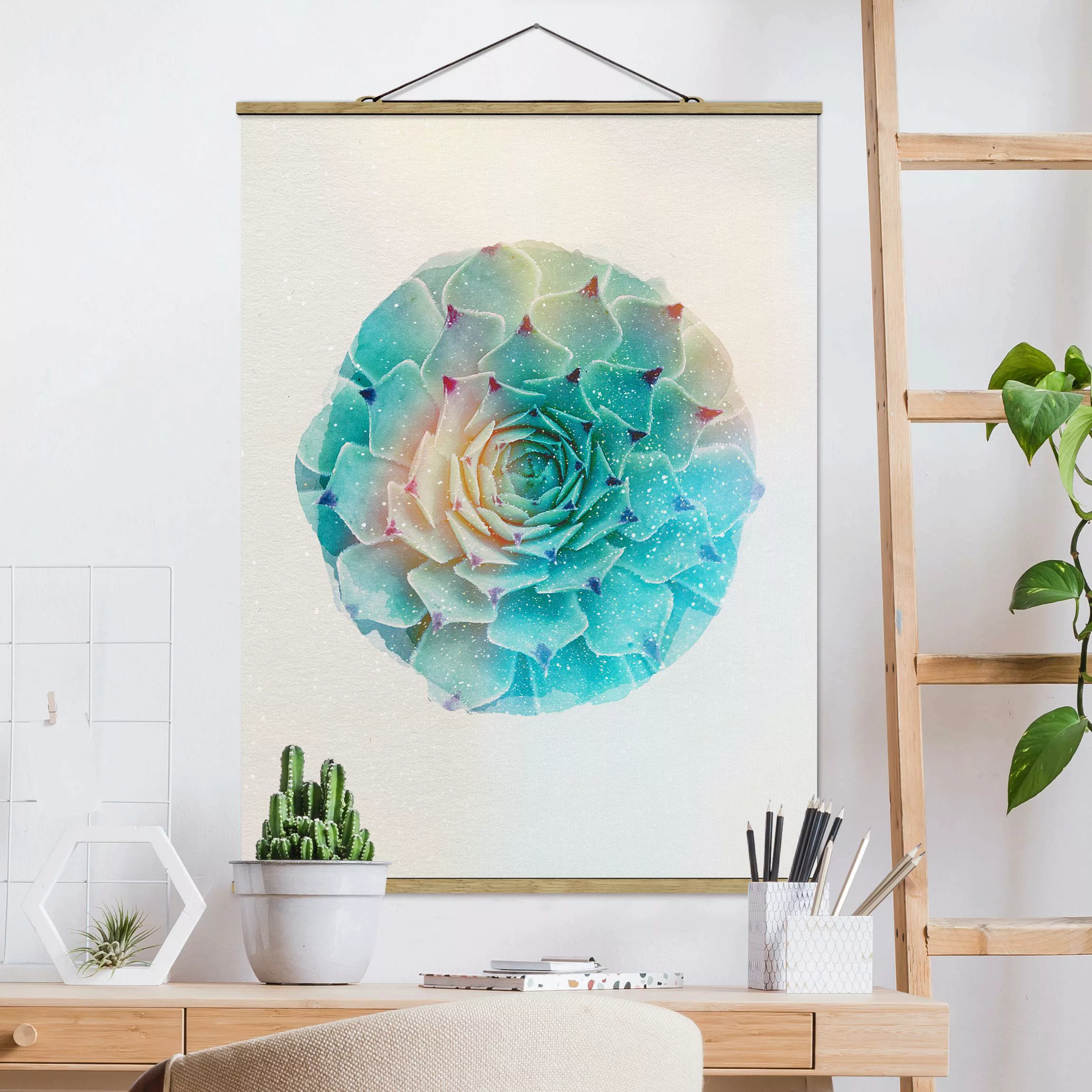 Stoffbild Blumen mit Posterleisten - Hochformat Wasserfarben - Kaktus Agave günstig online kaufen