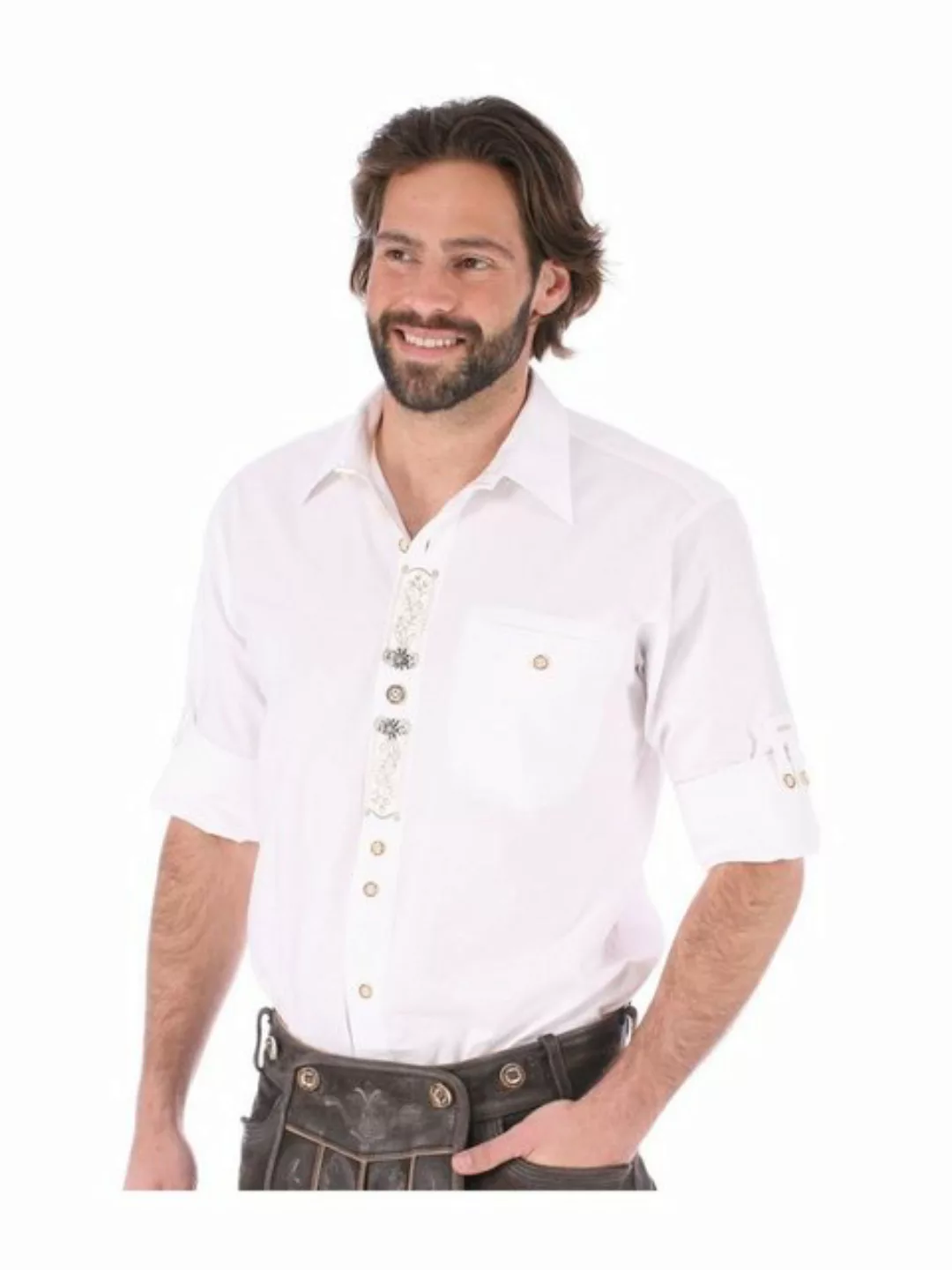 OS-Trachten Trachtenhemd Trachtenhemd BENNO Sticklegende Krempelarm weiss günstig online kaufen