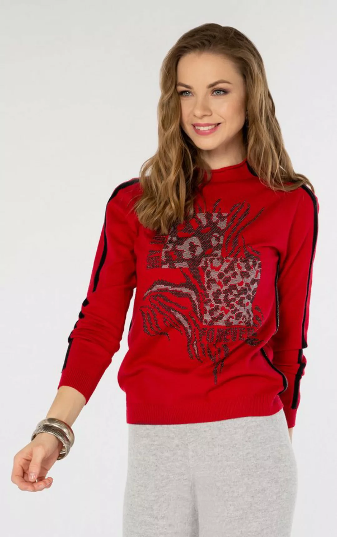 Passioni Strickpullover in Rot mit Leopardenmuster und „My Love Forever“-Sc günstig online kaufen