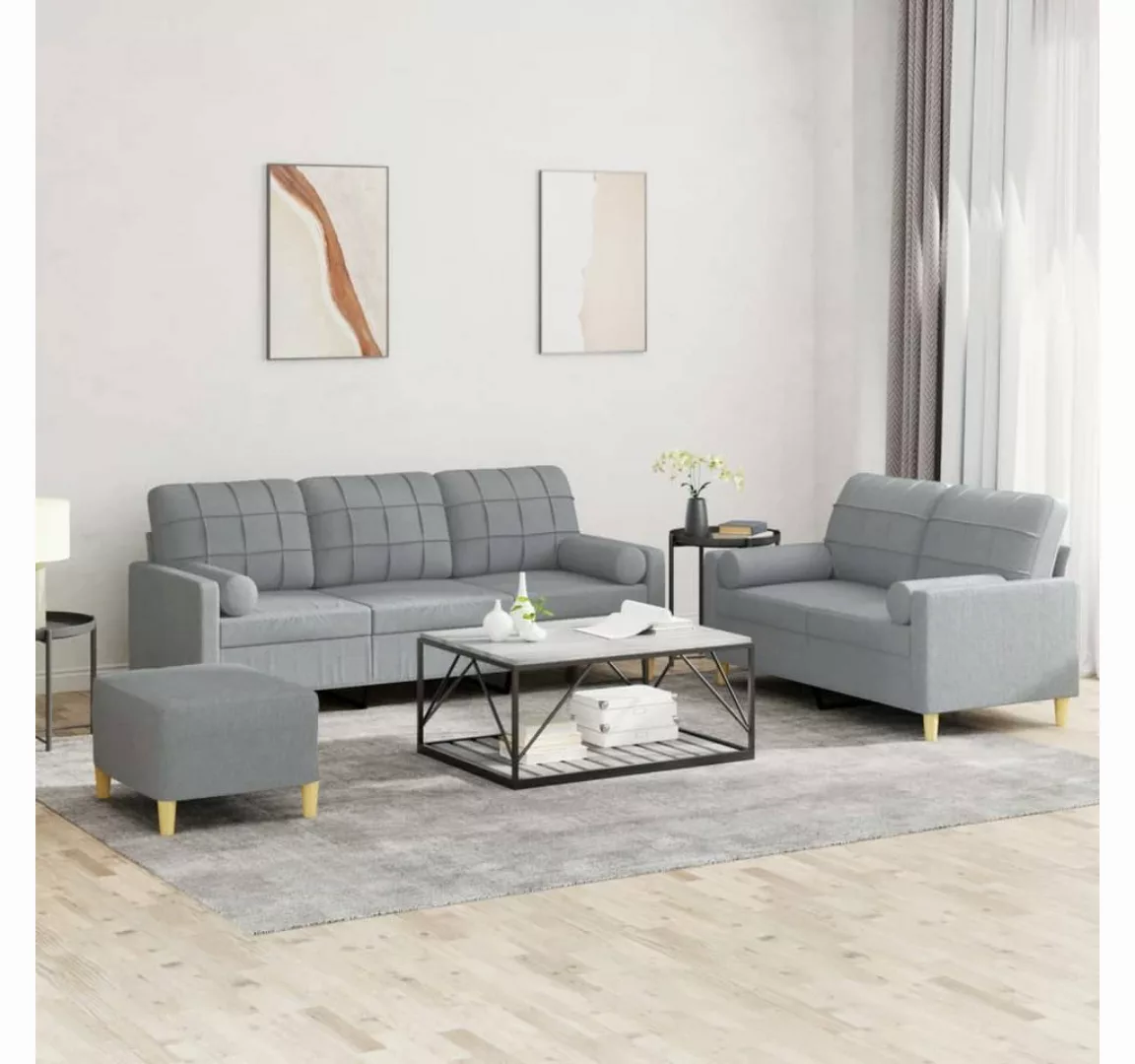 vidaXL Sofa Sofagarnitur mit Kissen Stoff, mit Zierkissen + Fußhocker, Hell günstig online kaufen