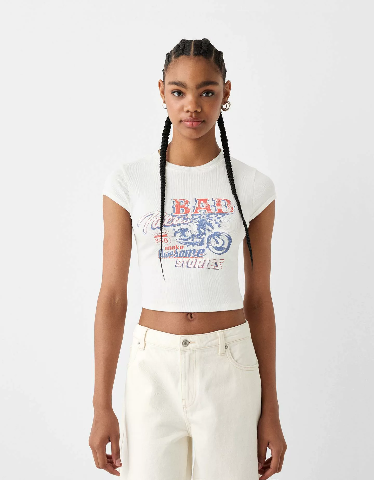 Bershka T-Shirt Print Bänder Rücken Damen L Rohweiß günstig online kaufen