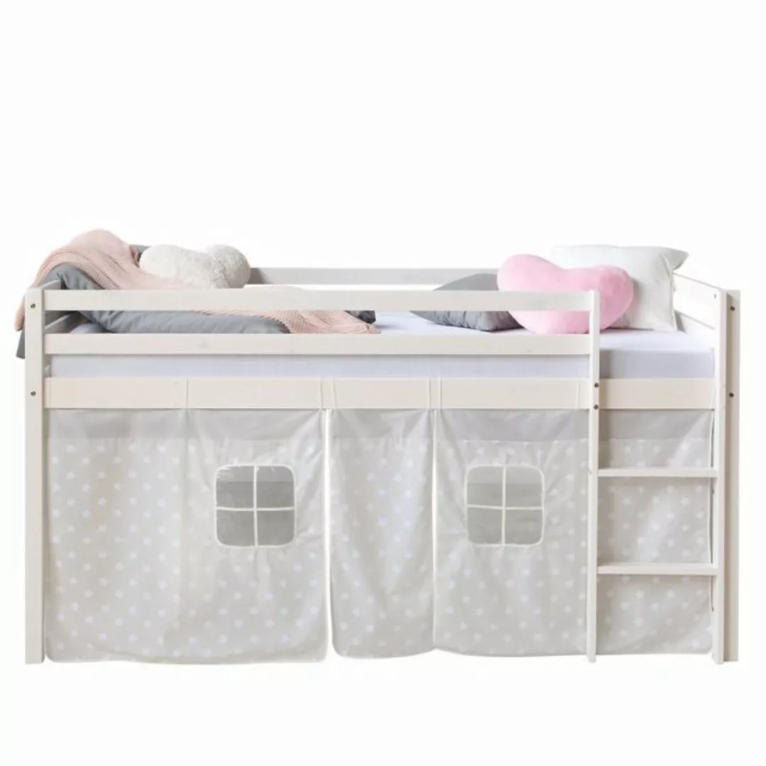 Homestyle4u Hochbett 90x200 cm Weiß mit Vorhang Sterne Grau Spielbett für 1 günstig online kaufen