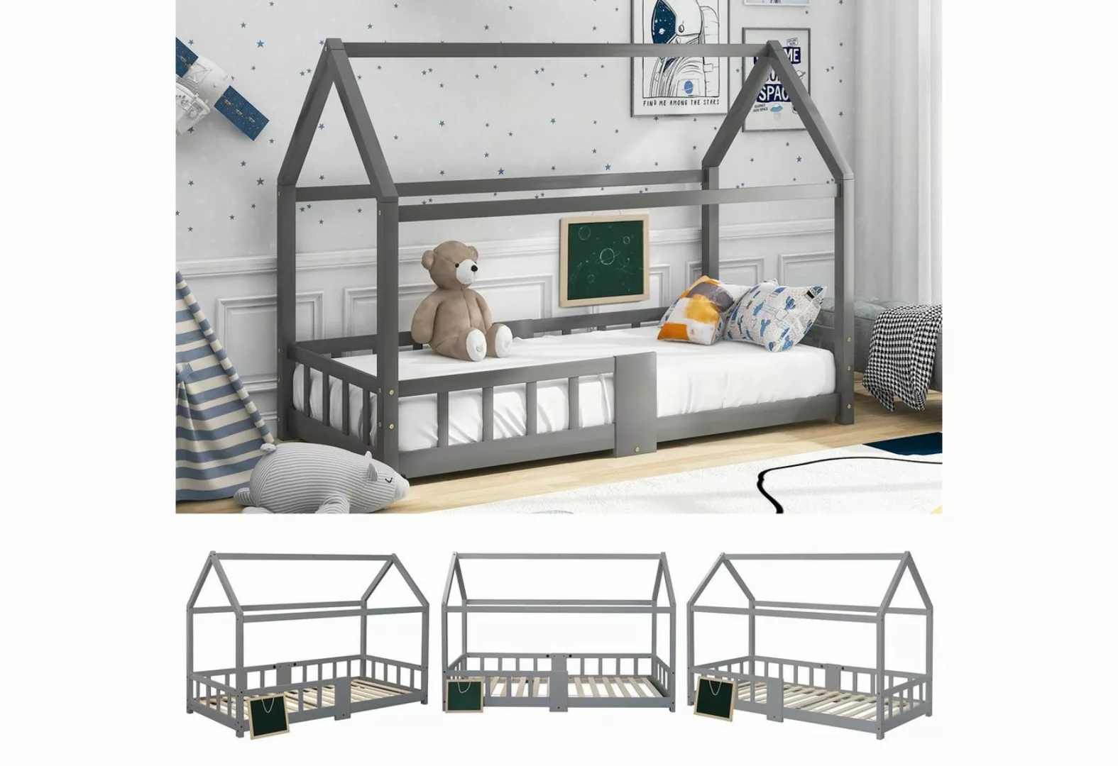 Merax Kinderbett, 90x200cm mit Rausfallschutz, Hausbett mit Einzelbett Holz günstig online kaufen