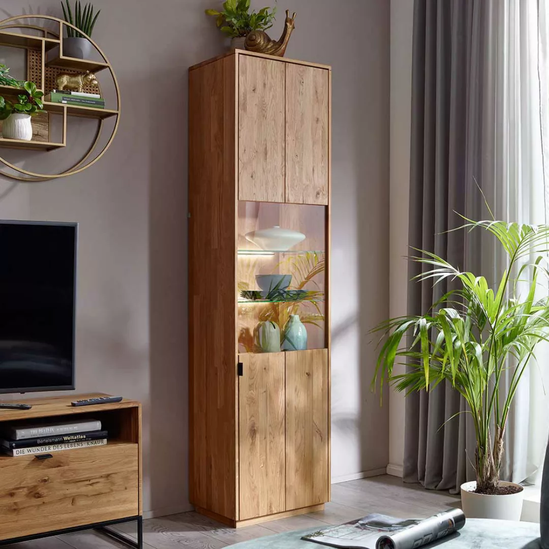 Wohnzimmer Vitrinenschrank aus Wildeiche Massivholz Metallgriff günstig online kaufen