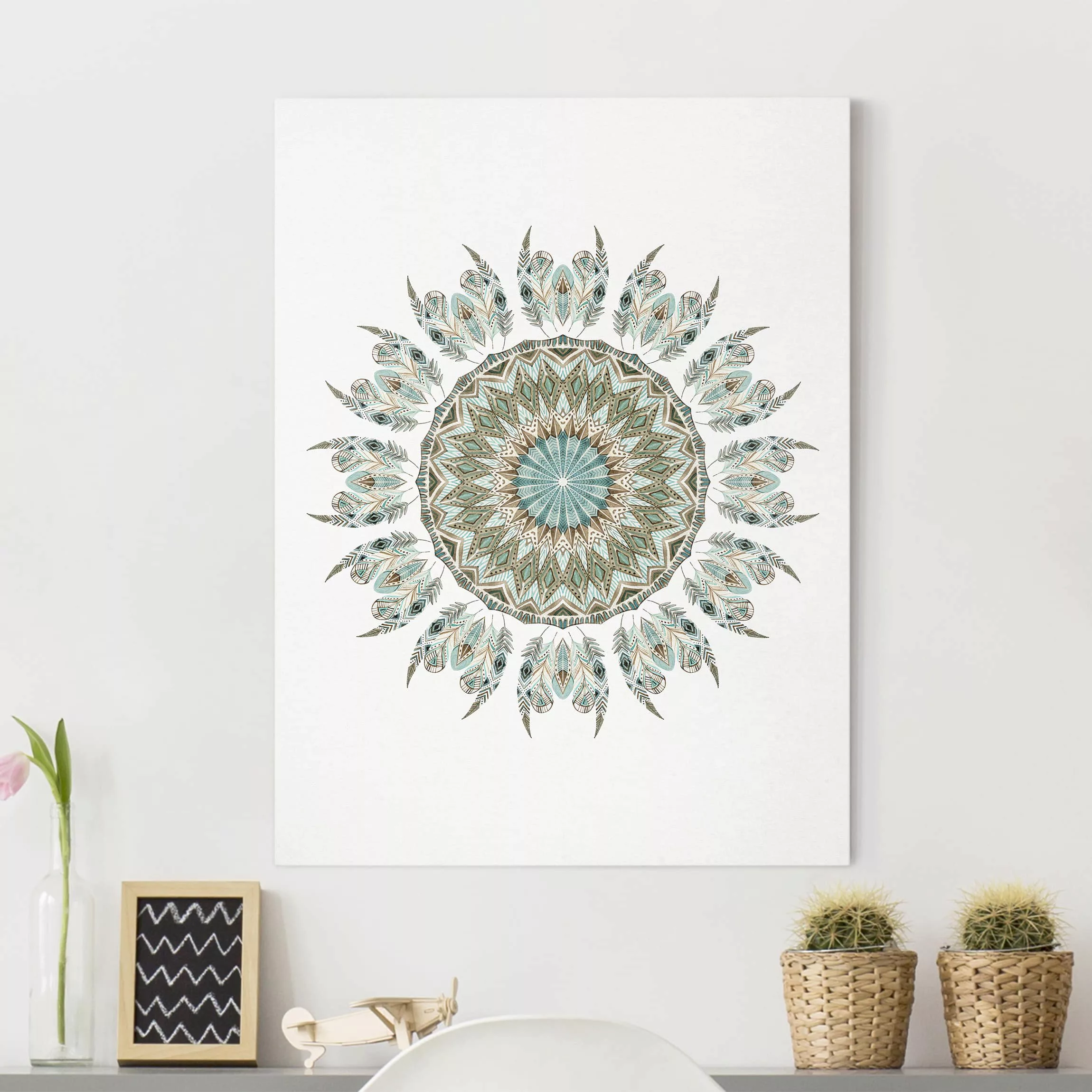 Leinwandbild Mandala Aquarell Federn handgemalt blau grün günstig online kaufen