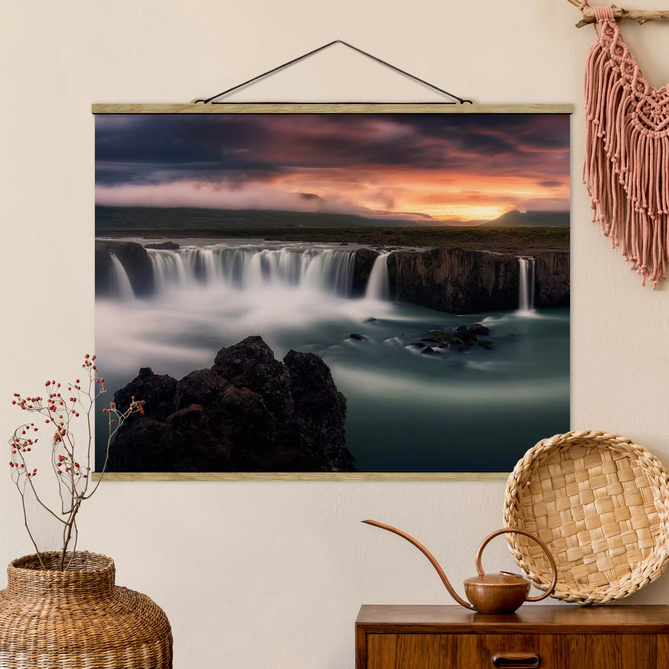Stoffbild Landschaft mit Posterleisten - Querformat Goðafoss Wasserfall in günstig online kaufen