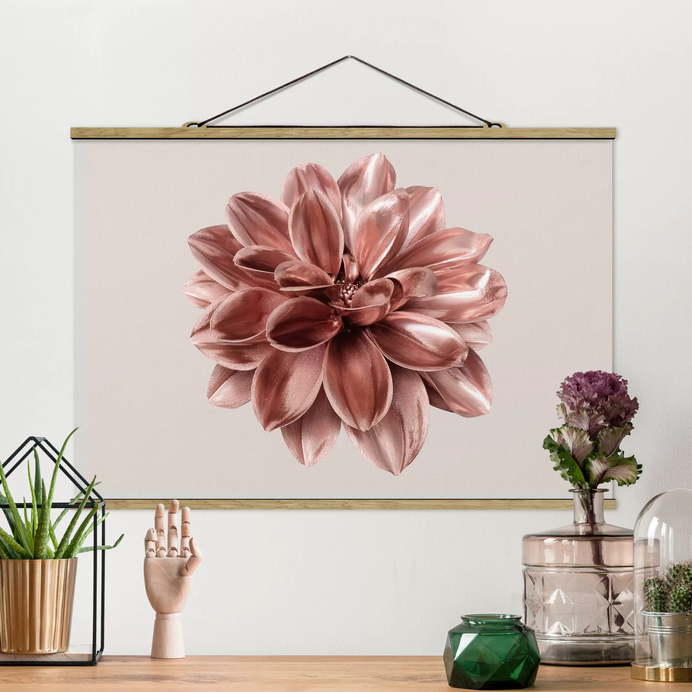 Stoffbild mit Posterleisten Dahlie Blume Rosegold Metallic günstig online kaufen