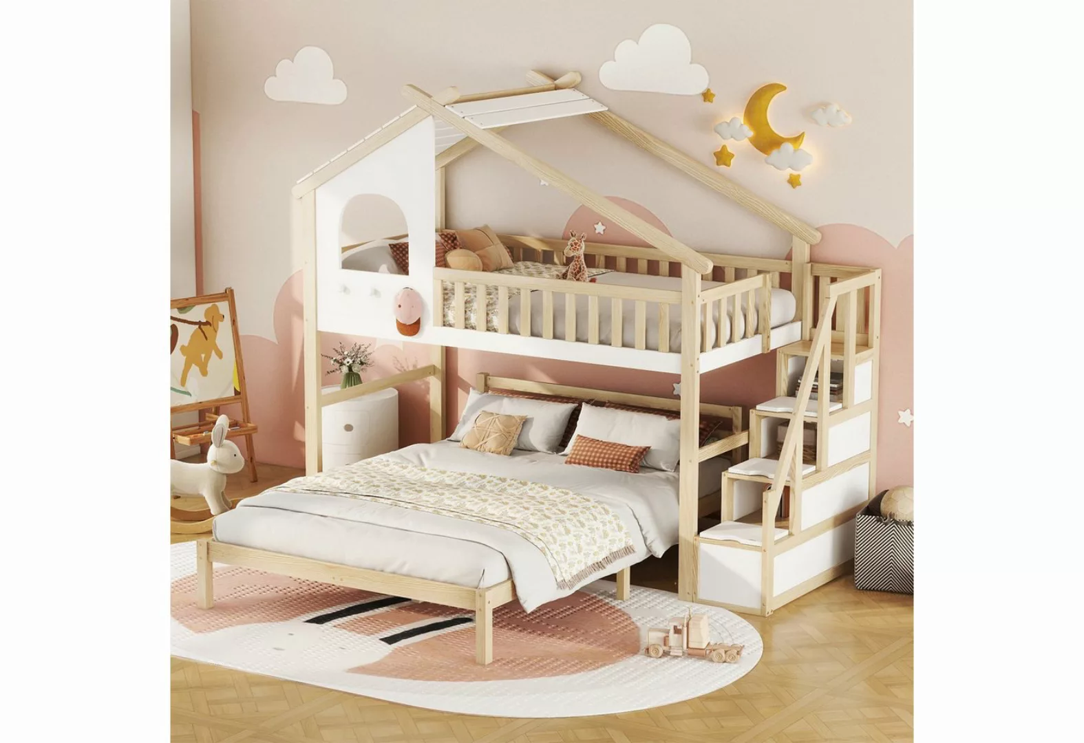 HAUSS SPLOE Etagenbett 90x200/140x200cm Kinderbett mit Hausleiste, Stauraum günstig online kaufen