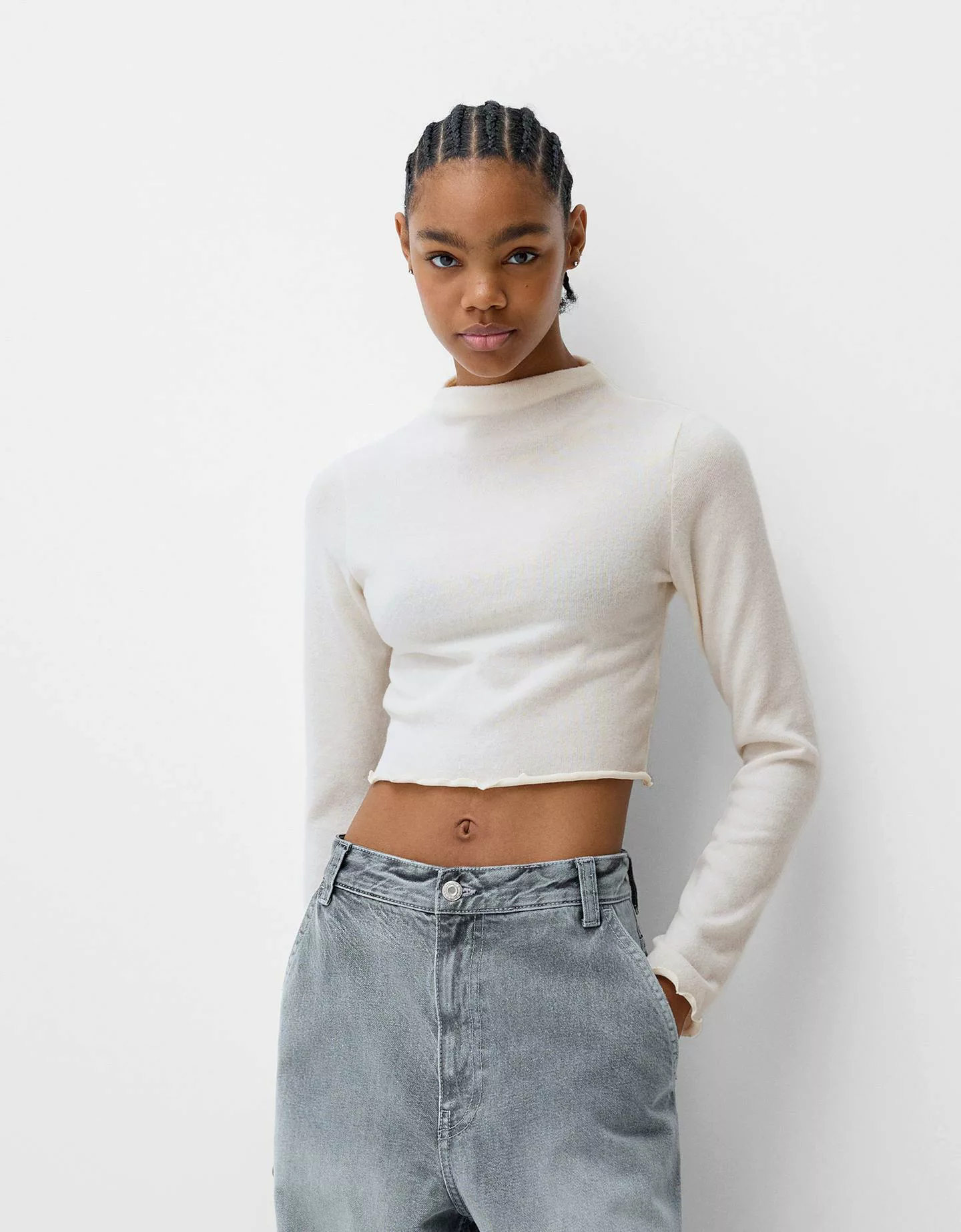 Bershka Soft-Touch-Cropped-Pullover Mit Rollkragen Damen M Rohweiß günstig online kaufen