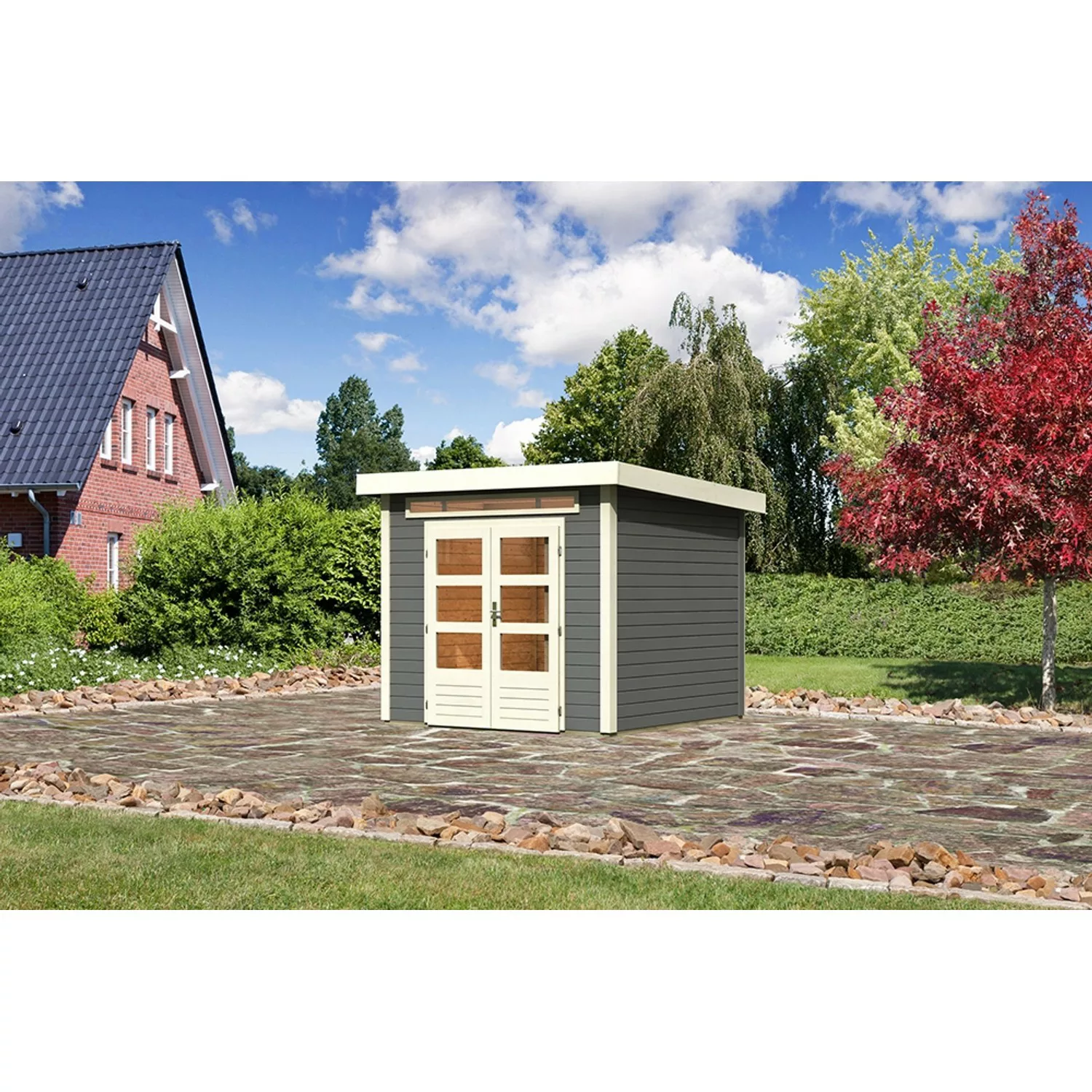 Karibu Holz-Gartenhaus Kumla 3 Terragrau Pultdach Lackiert 240 cm x 240 cm günstig online kaufen