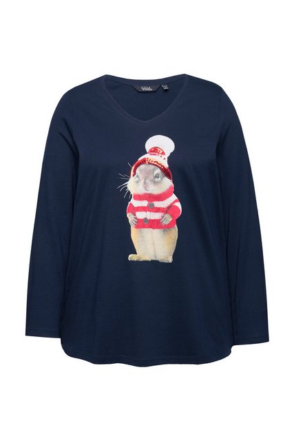 Ulla Popken Longsleeve Weihnachtsshirt Eichhörnchen V-Ausschnitt Langarm günstig online kaufen