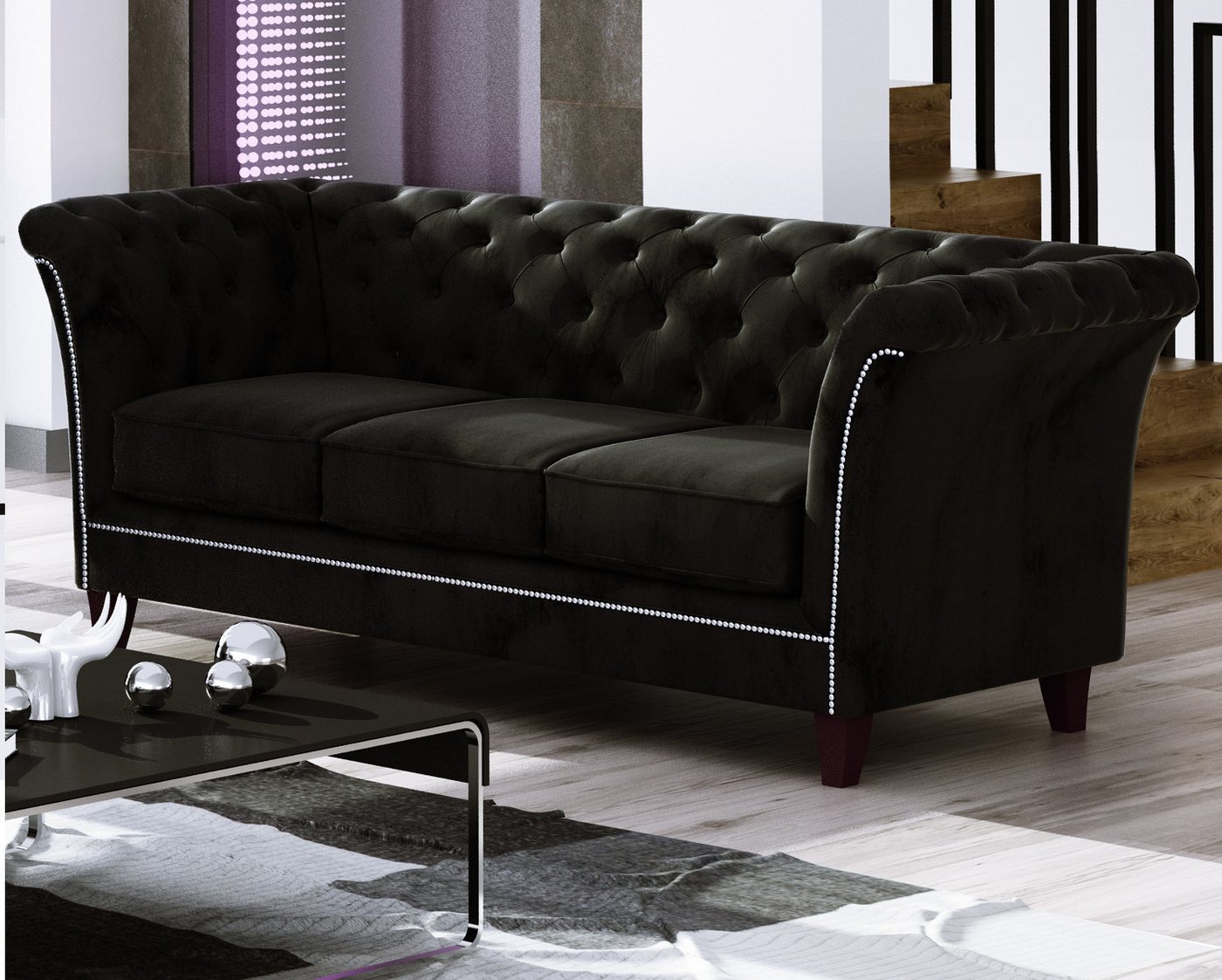 S-Style Möbel Chesterfield-Sofa 3-Sitzer Rainsburg aus Samt-Stoff mit Holzf günstig online kaufen