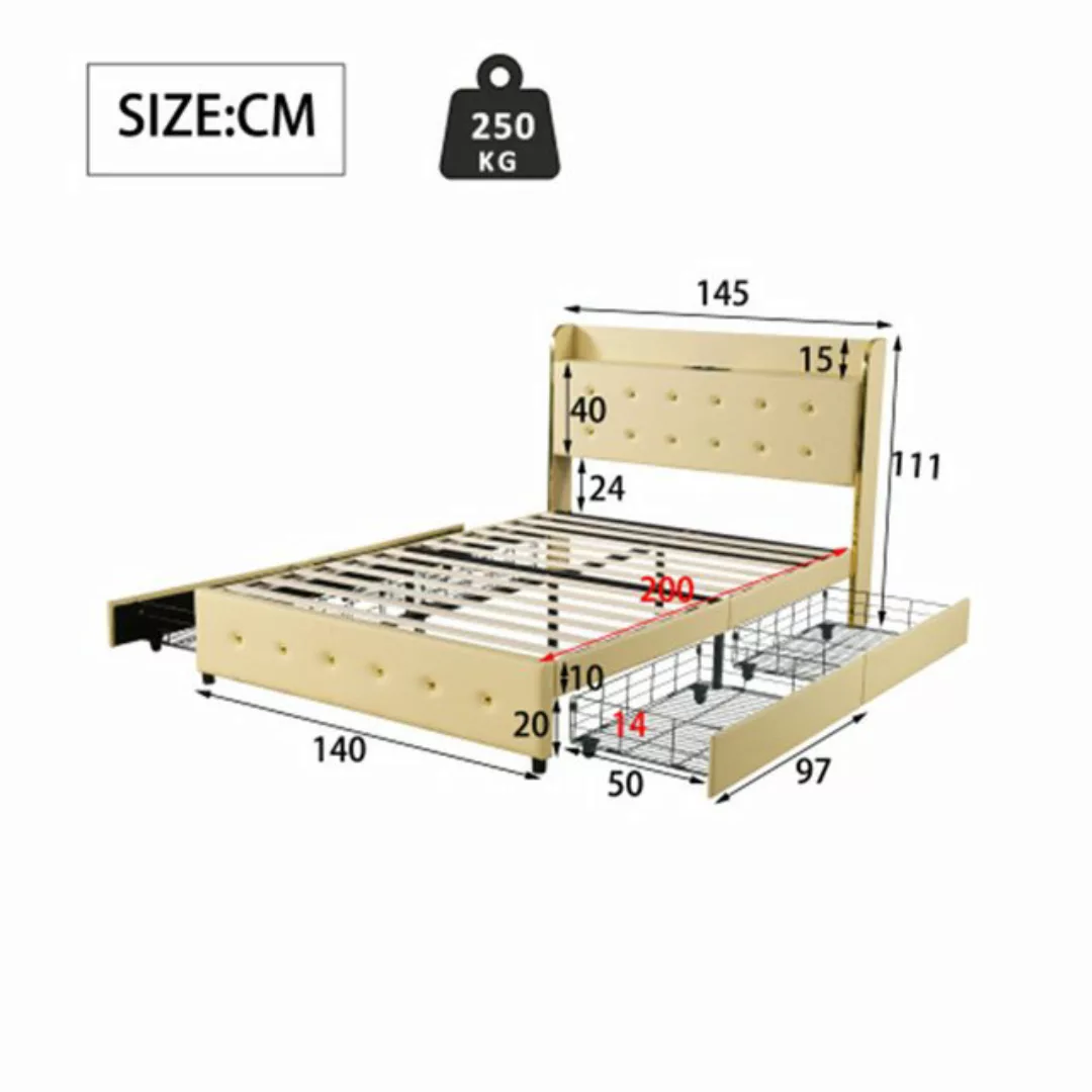 XDeer Bett Polsterbett 140 x 200 cm, Doppelbett, Kopfteil mit USB-Anschluss günstig online kaufen