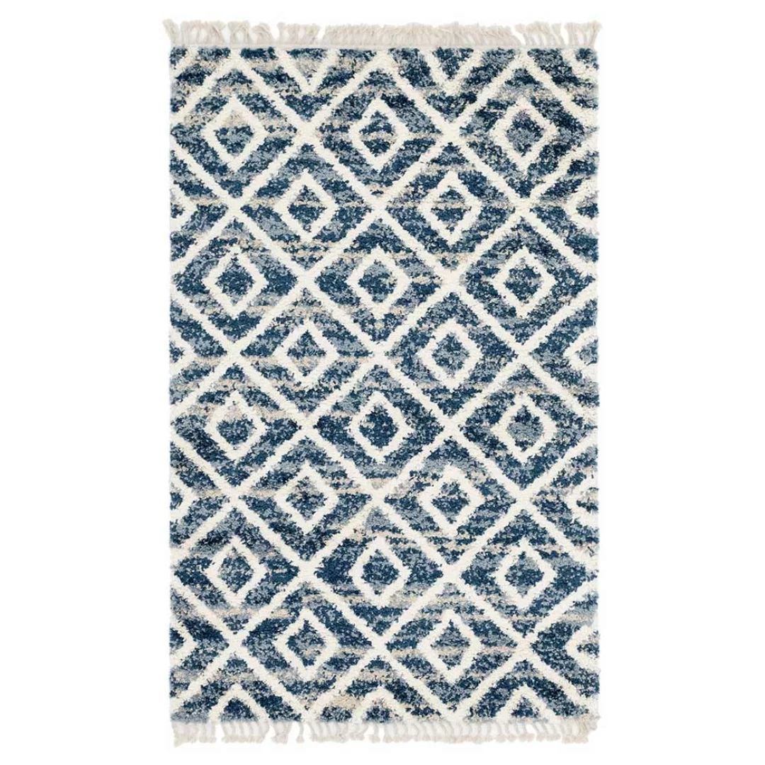 Muster Teppich geometrisch in Blau und Cremefarben Shaggy Hochflor günstig online kaufen