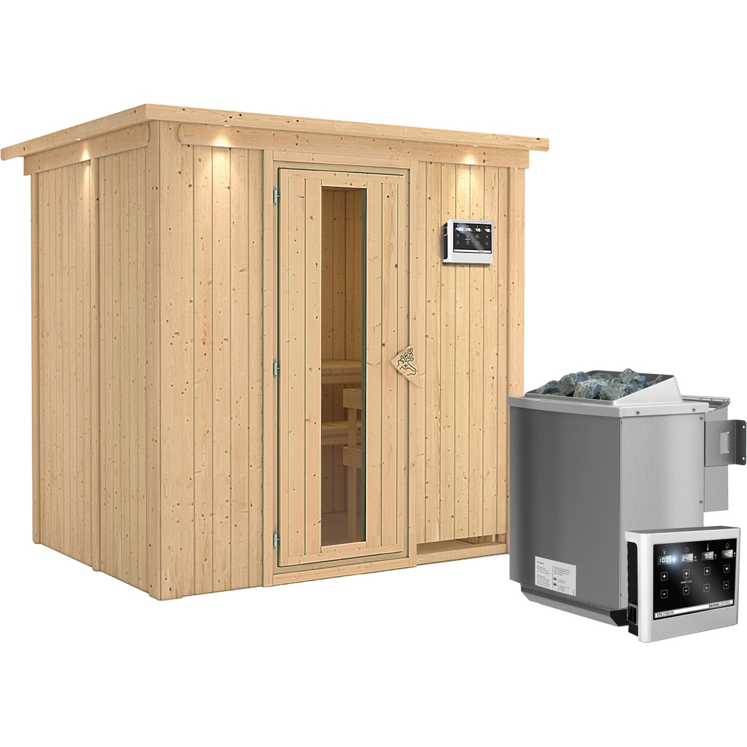 Karibu Sauna-Set Bjarne inkl. Bio-Ofen 9 kW mit ext. Steuerung, Dachkranz günstig online kaufen