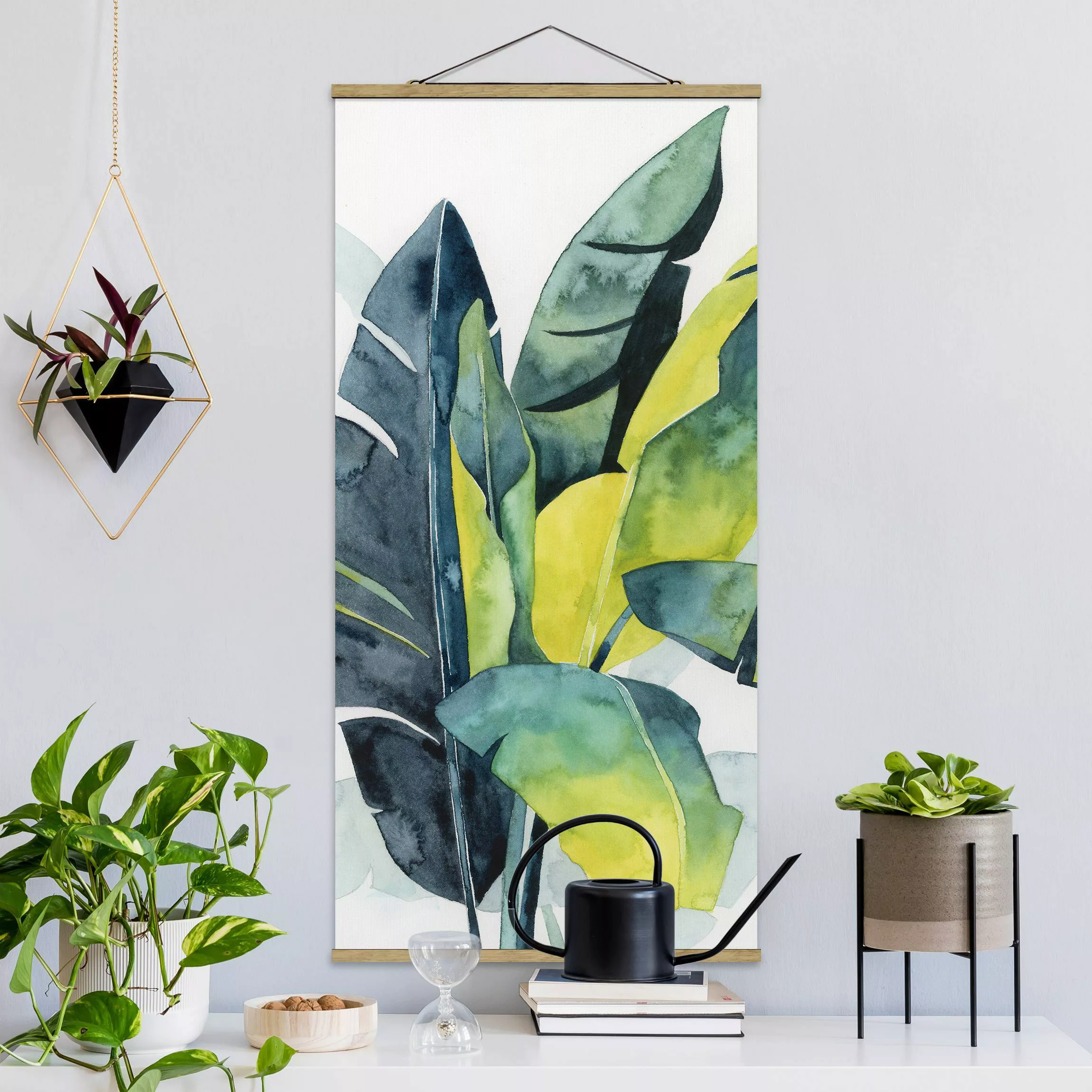Stoffbild Blumen mit Posterleisten - Hochformat Tropisches Blattwerk - Bana günstig online kaufen