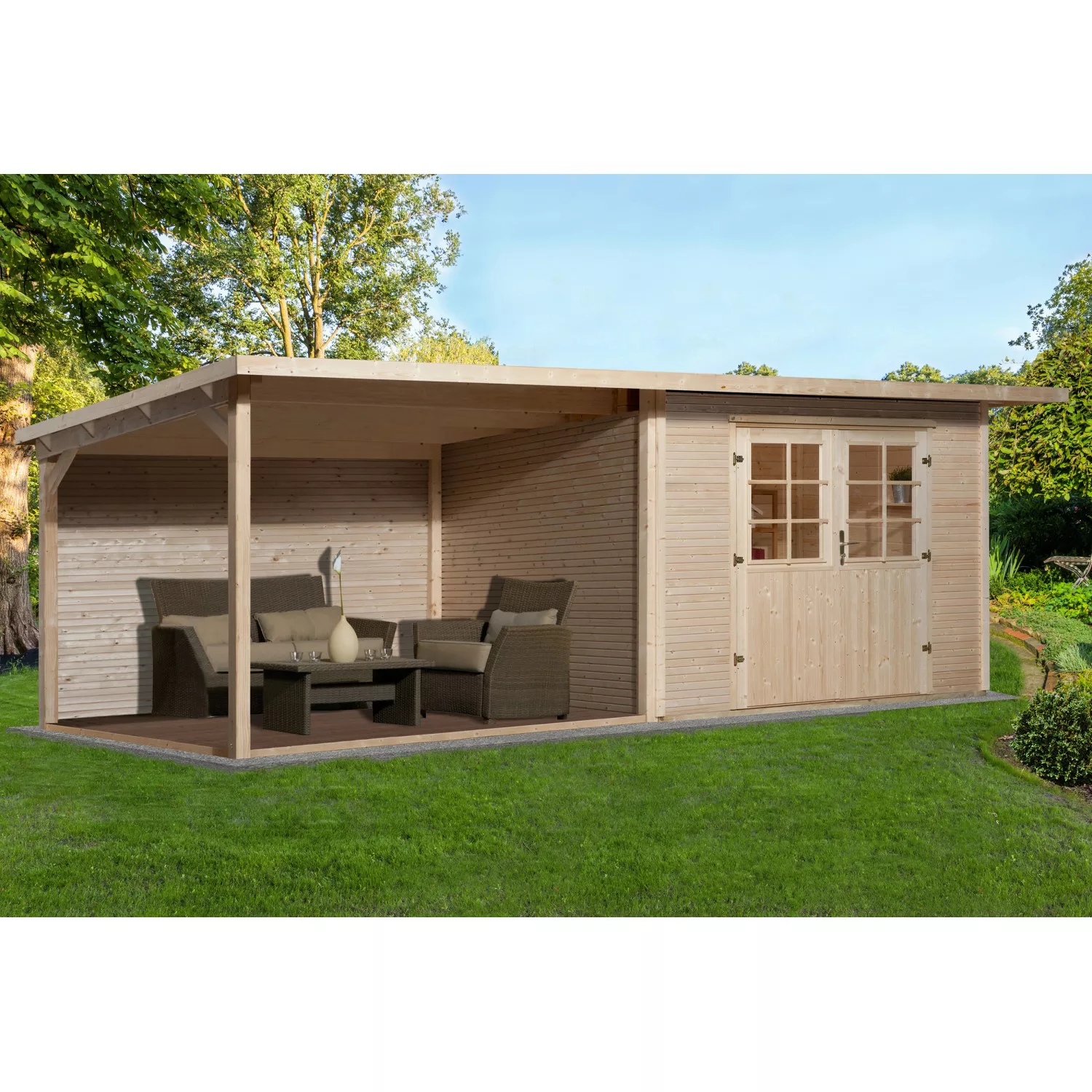 Weka Holz-Gartenhaus Como Natur 598 cm x 300 cm davon 303 cm Anbaudach günstig online kaufen