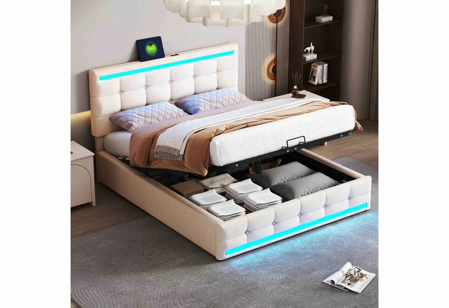 Ulife Polsterbett Doppelbett Jugendbett mit LED-Beleuchtung und 2 USB-Lades günstig online kaufen