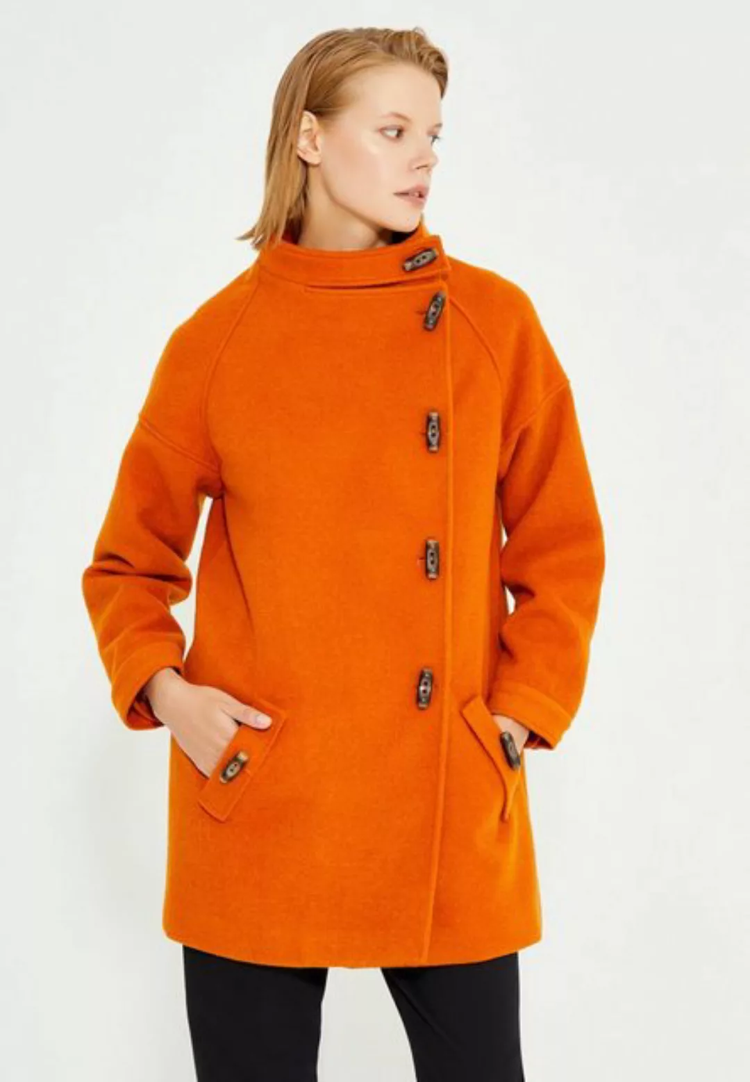 Just Like You Kurzmantel Asymmetrischer Damenmantel in Orange vorne mit Tas günstig online kaufen