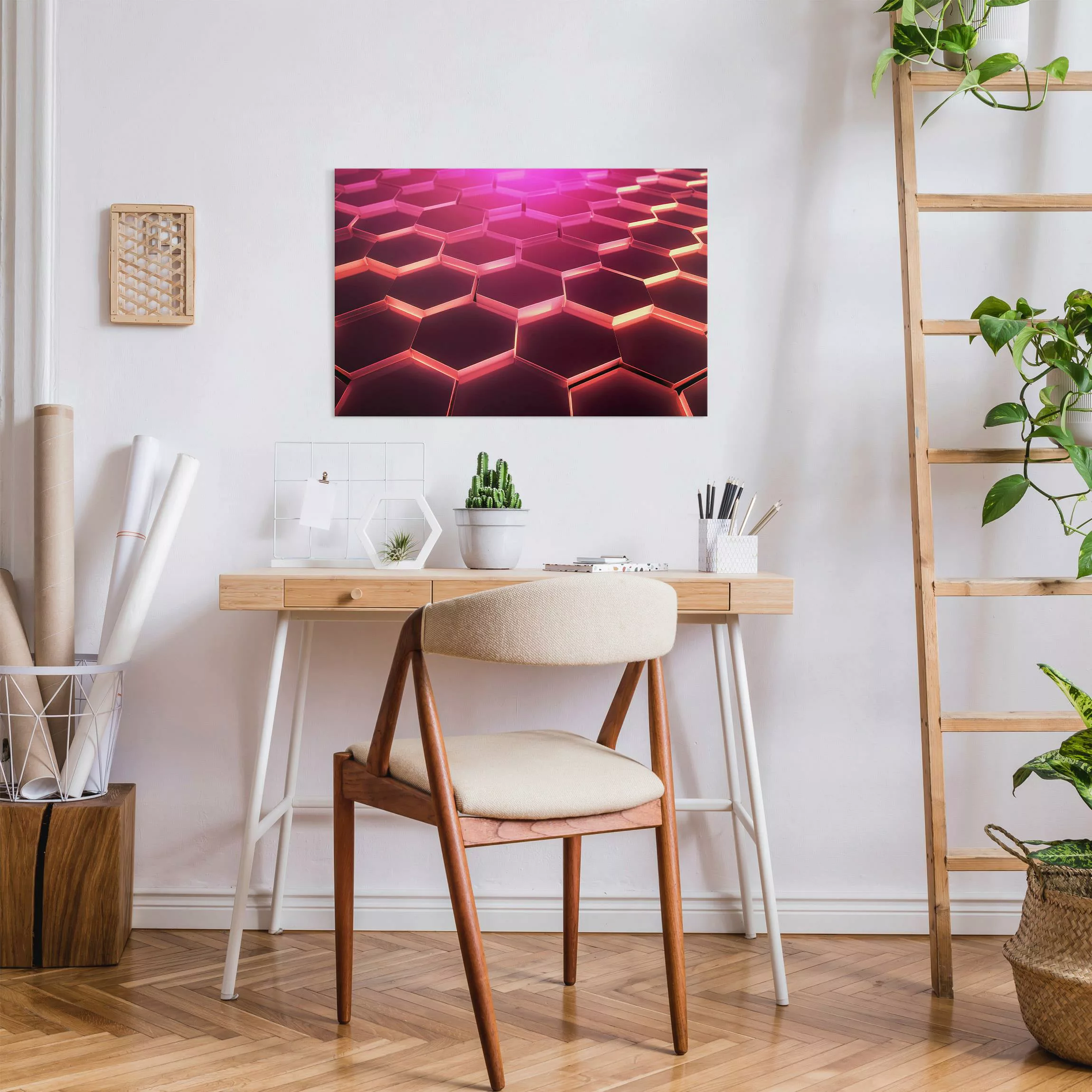 Leinwandbild Hexagone mit Neonlicht in Pink und Rot günstig online kaufen