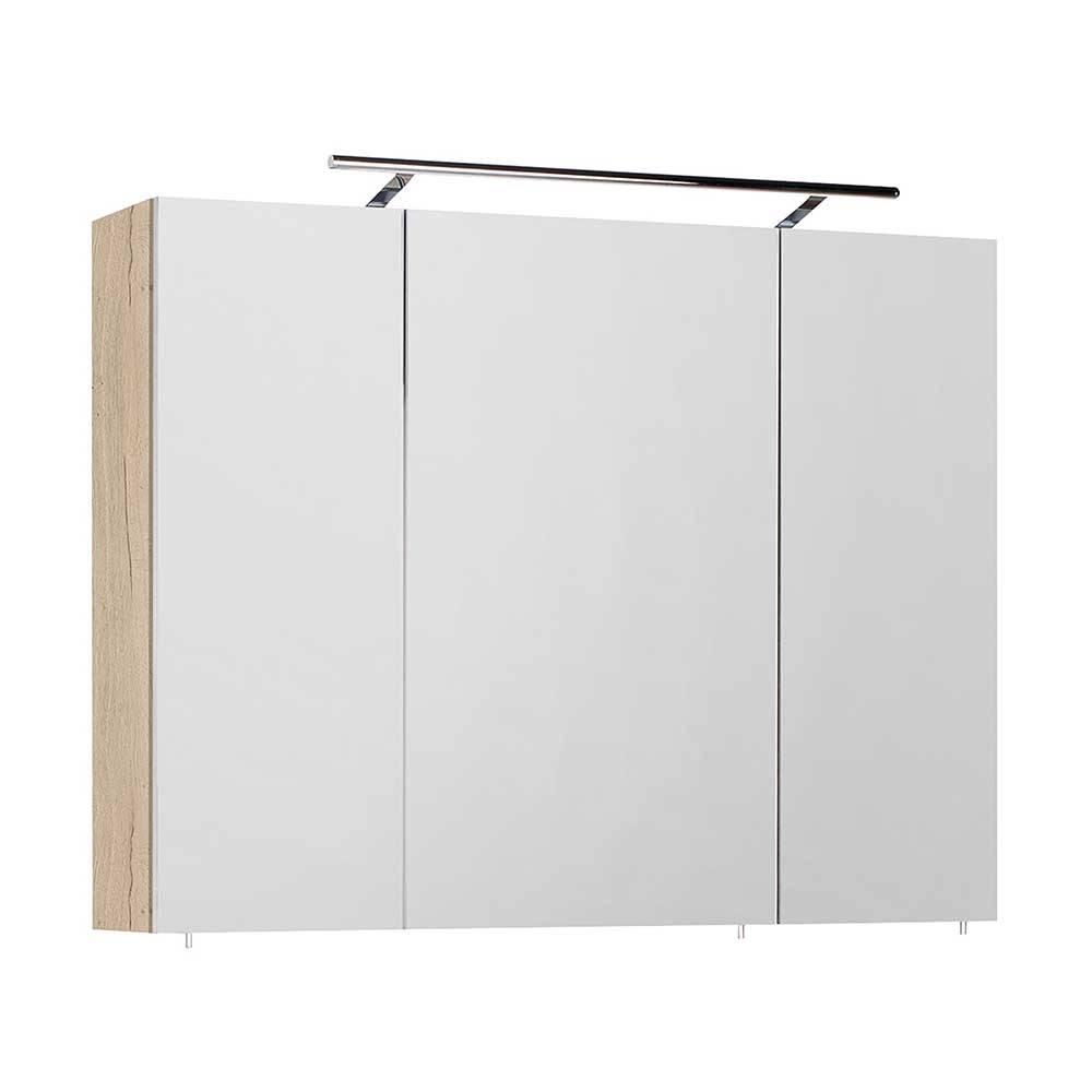 Badschrank Spiegel mit Beleuchtung in Eiche Bianco Made in Germany günstig online kaufen