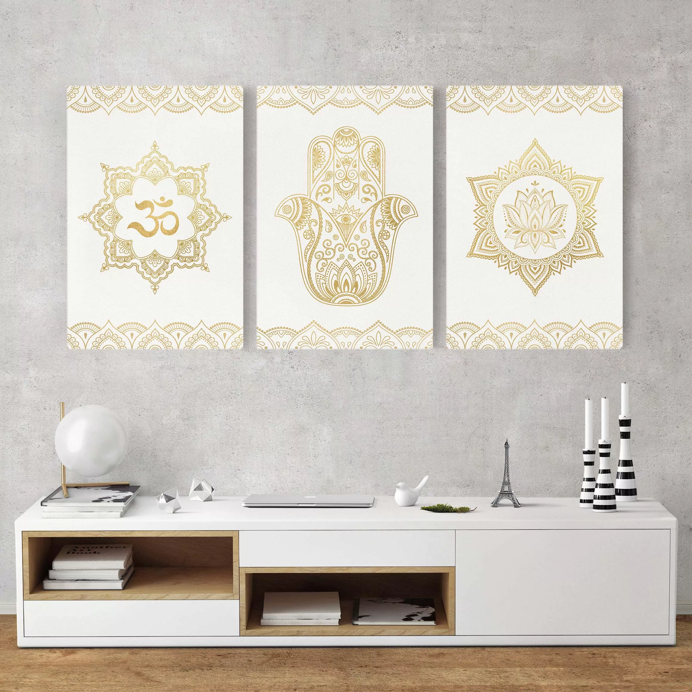 Leinwandbild Hamsa Hand Lotus OM Illustration Set gold günstig online kaufen
