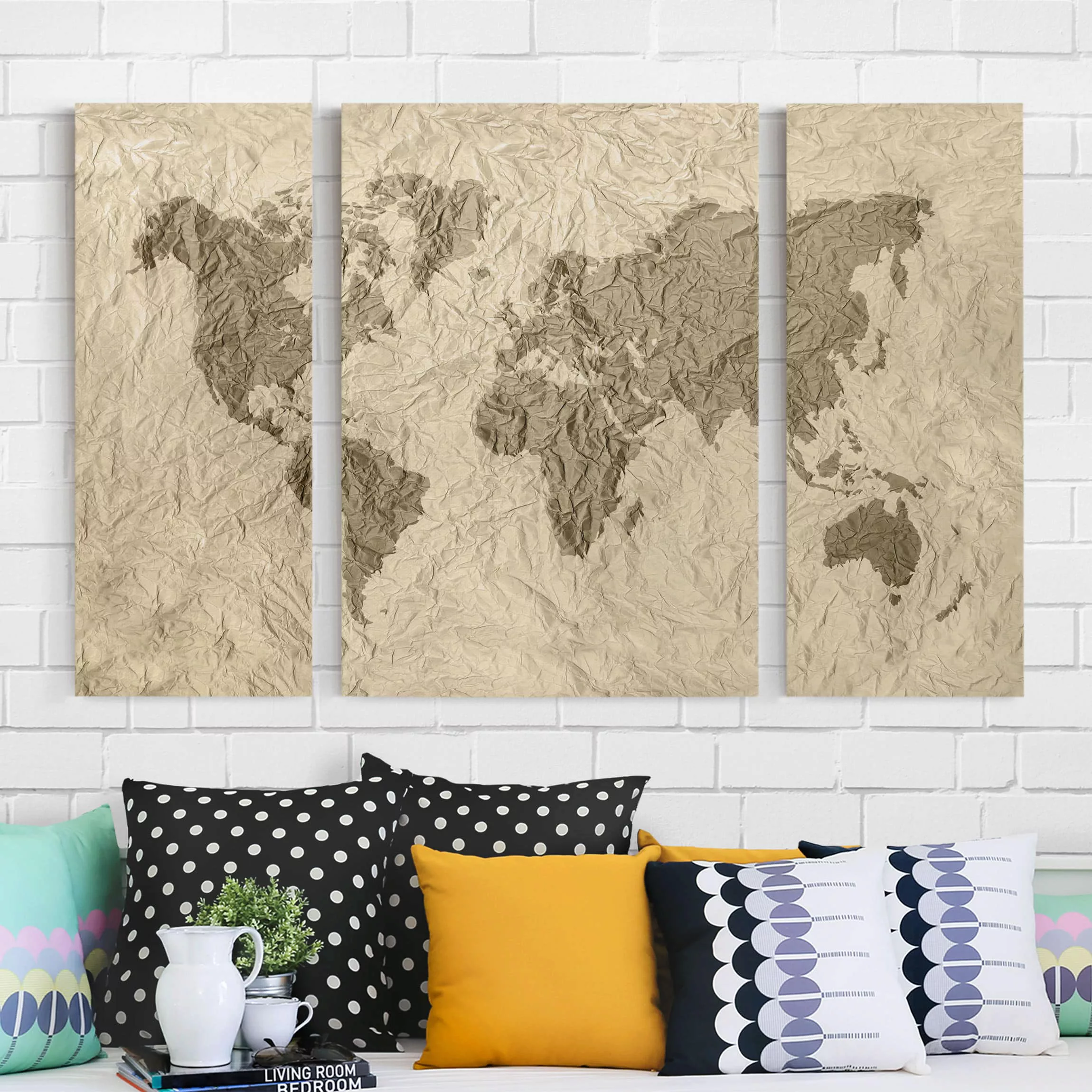 3-teiliges Leinwandbild Weltkarte - Querformat Papier Weltkarte Beige Braun günstig online kaufen