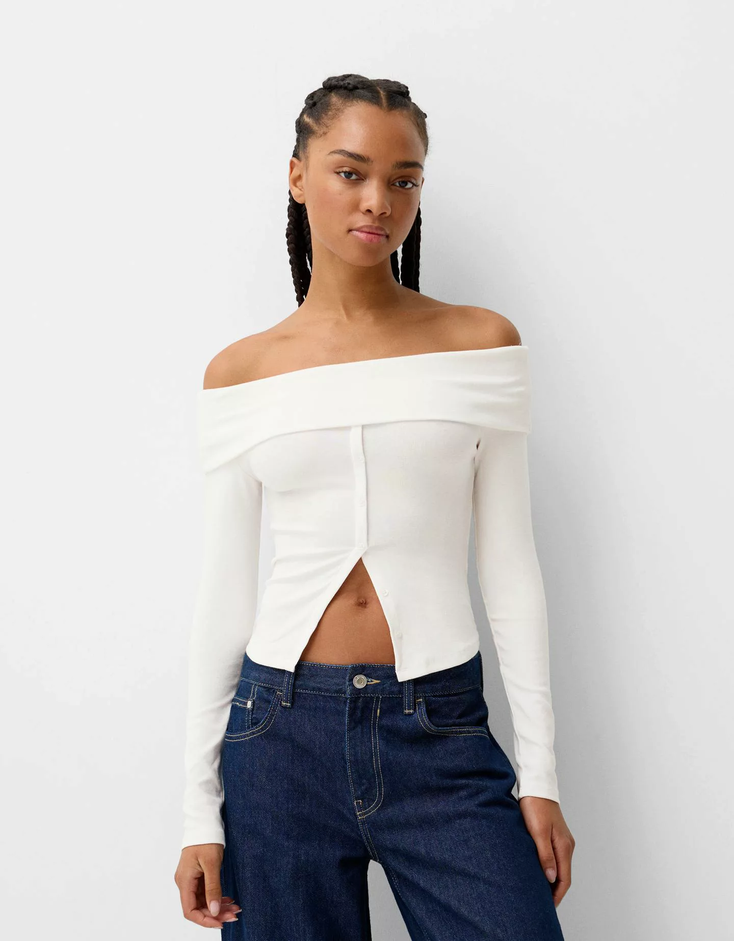 Bershka Geknöpftes Langarmshirt Damen M Grbrochenes Weiss günstig online kaufen