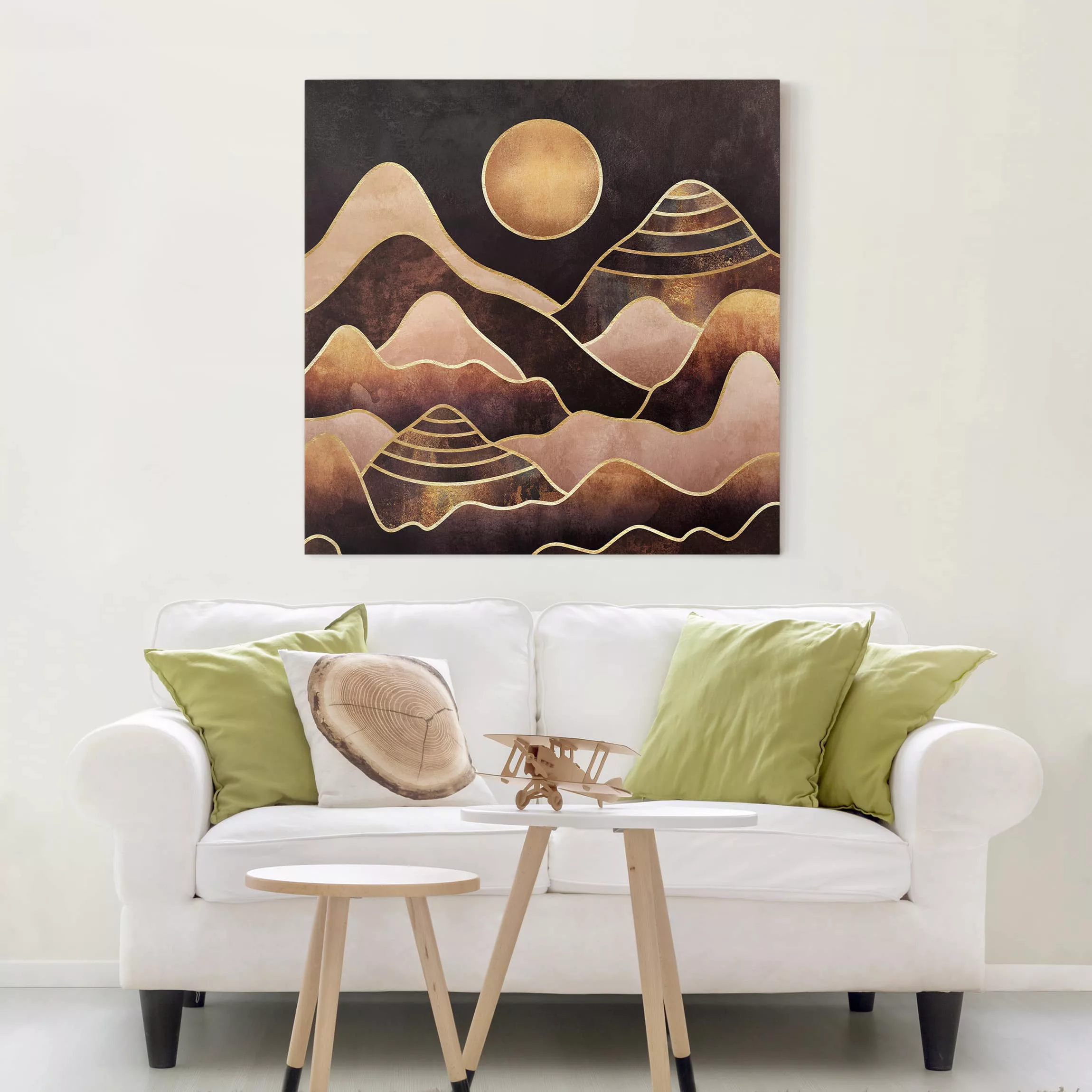 Leinwandbild Abstrakt - Quadrat Goldene Sonne abstrakte Berge günstig online kaufen
