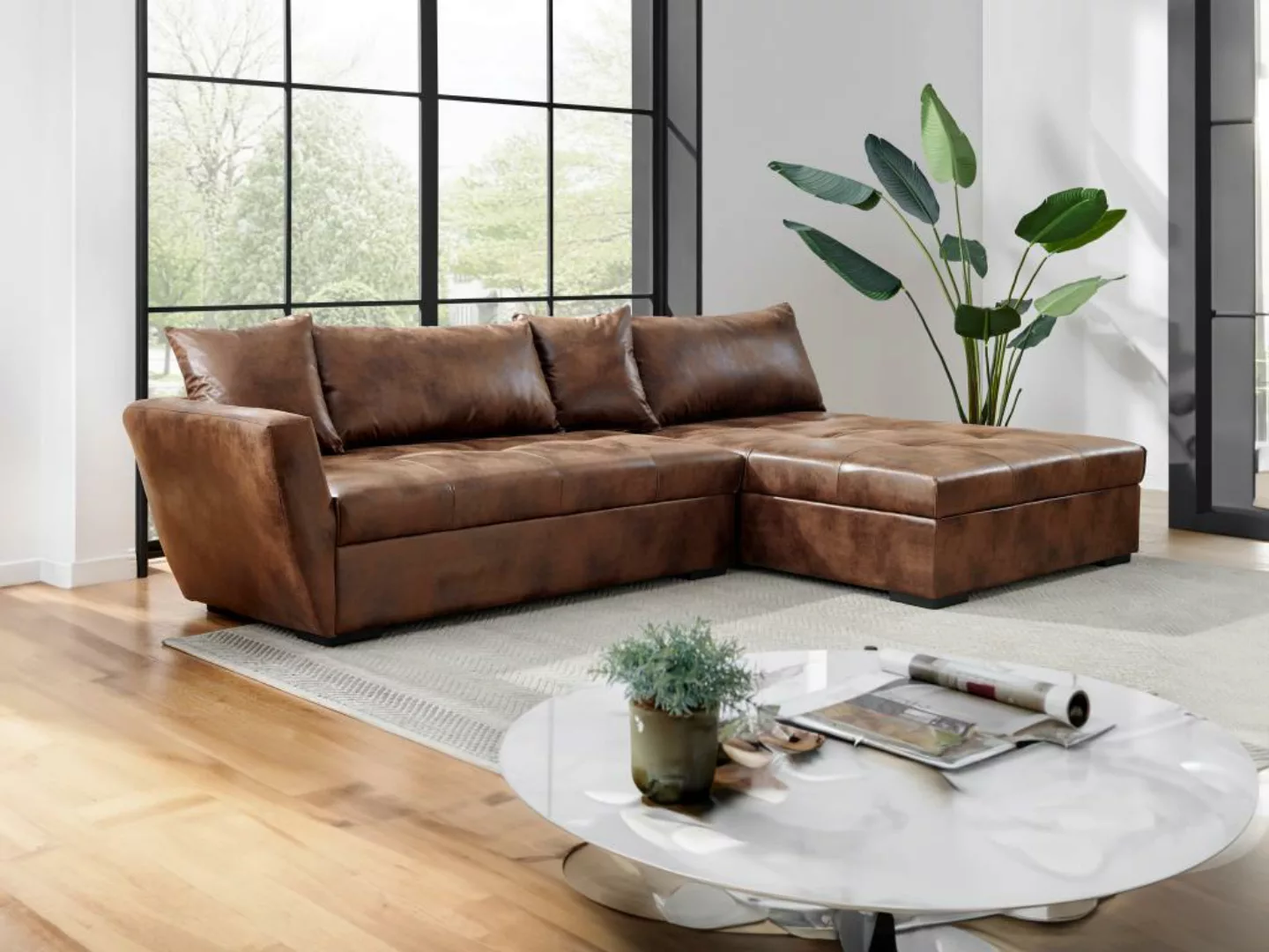 Ecksofa mit Schlaffunktion - Mikrofaser - Braun mit Vintage-Look - Ecke Rec günstig online kaufen