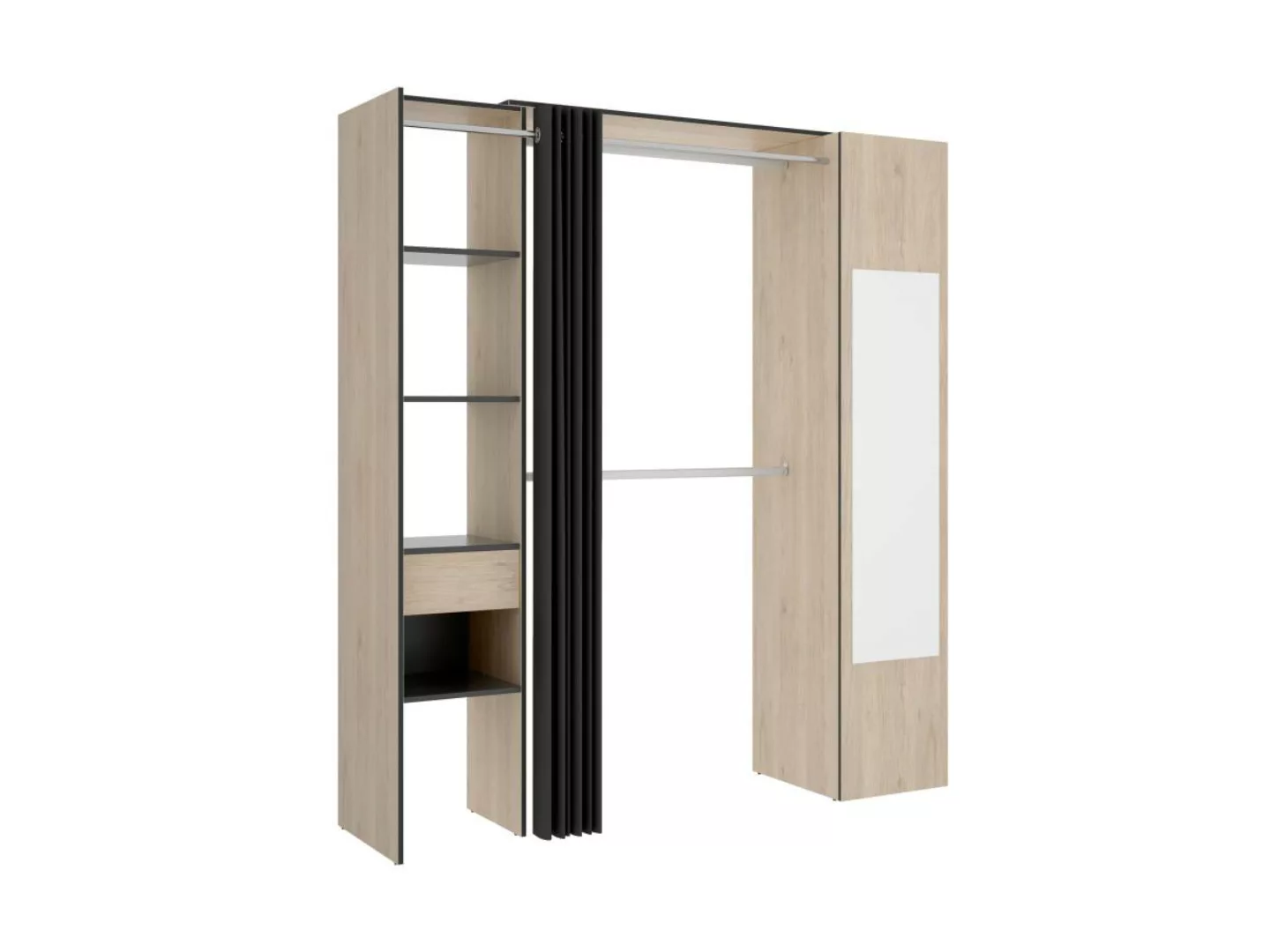 Kleiderschrank mit Vorhang & 1 Tür + Spiegel - 177 cm - Holzfarben & Anthra günstig online kaufen