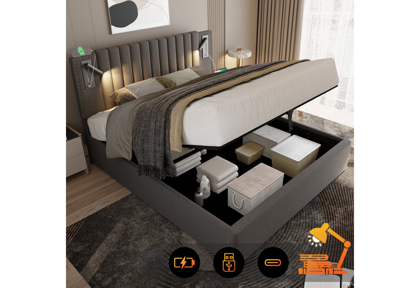 BlingBin Polsterbett Doppelbett Stauraum Bettkasten Verstellbares Kopfteil günstig online kaufen