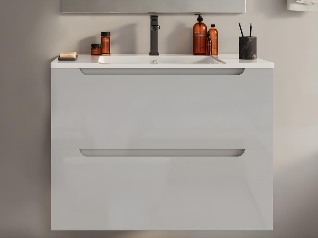 Waschbeckenunterschrank hängend mit Einzelwaschbecken - 80 cm - Weiß - STEF günstig online kaufen