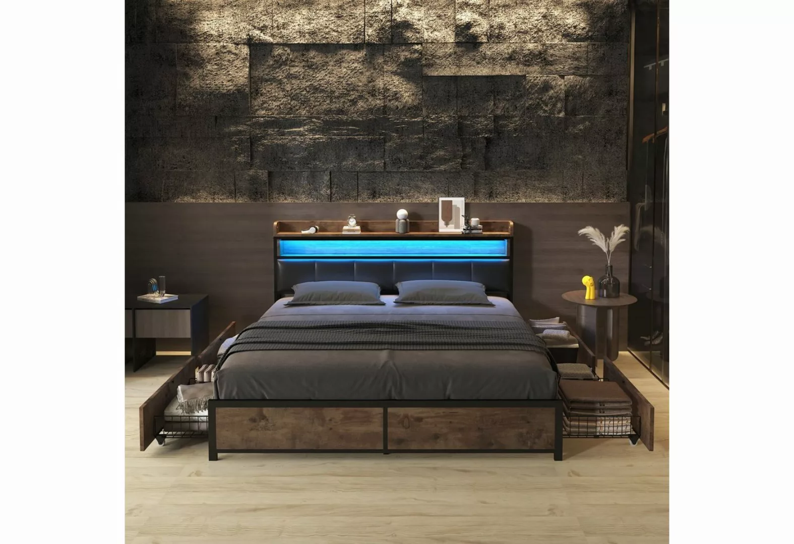 OKWISH Holzbett Polsterbett Jugendbett (160x200 cm Ohne Matratze, LED-Bett, günstig online kaufen