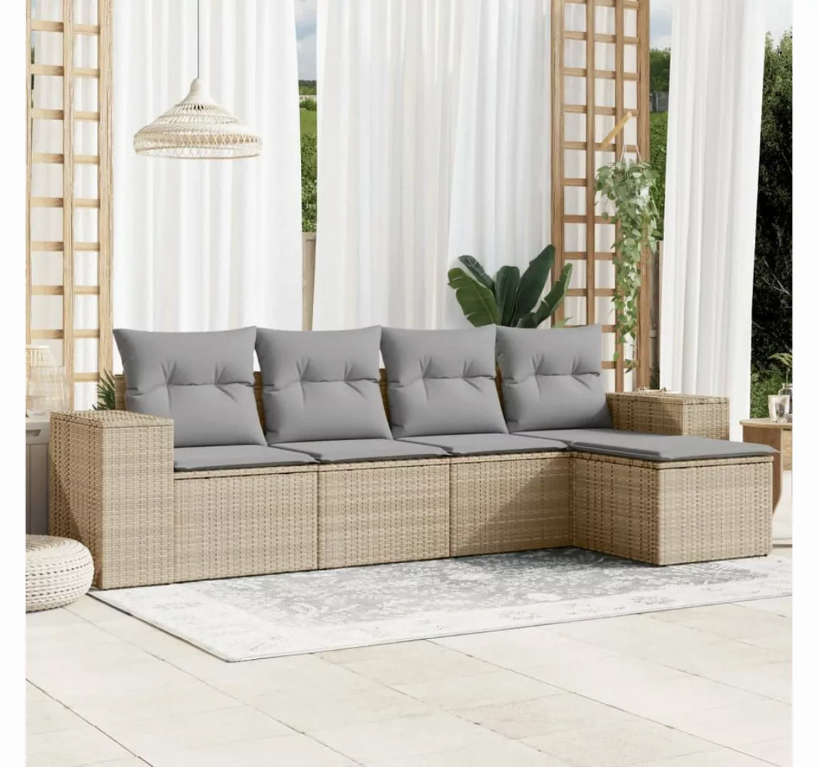 vidaXL Loungesofa 5-tlg. Garten-Sofagarnitur mit Kissen Beige Poly Rattan, günstig online kaufen