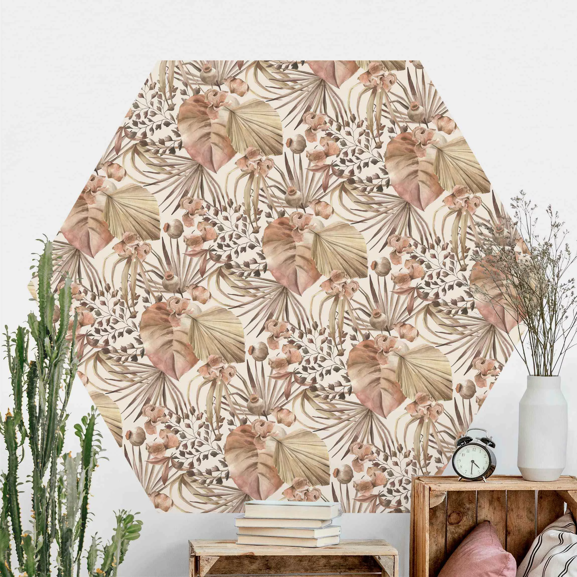 Hexagon Mustertapete selbstklebend Beige Palmenblätter günstig online kaufen