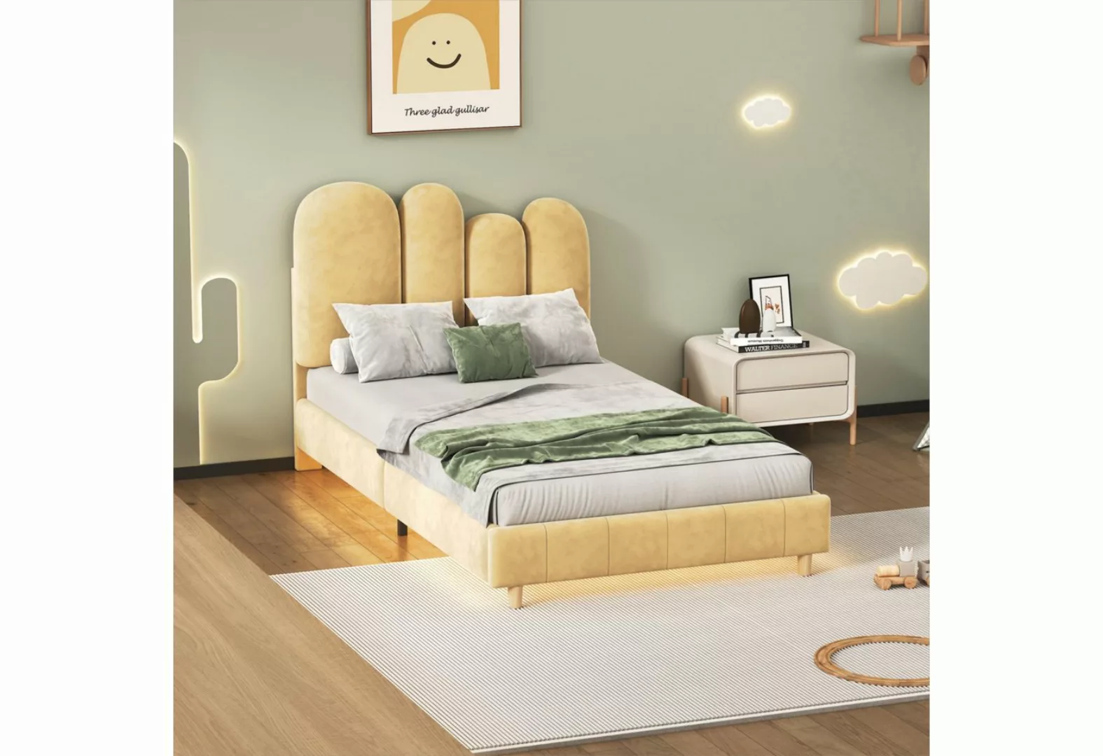 OKWISH Polsterbett mit Unterbett-LED-Lichtleiste in warmem Gelb, mit Holzla günstig online kaufen