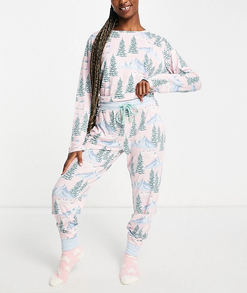 Chelsea Peers – Set mit Pyjama und Socken mit verschneitem Berg-Print in Ro günstig online kaufen