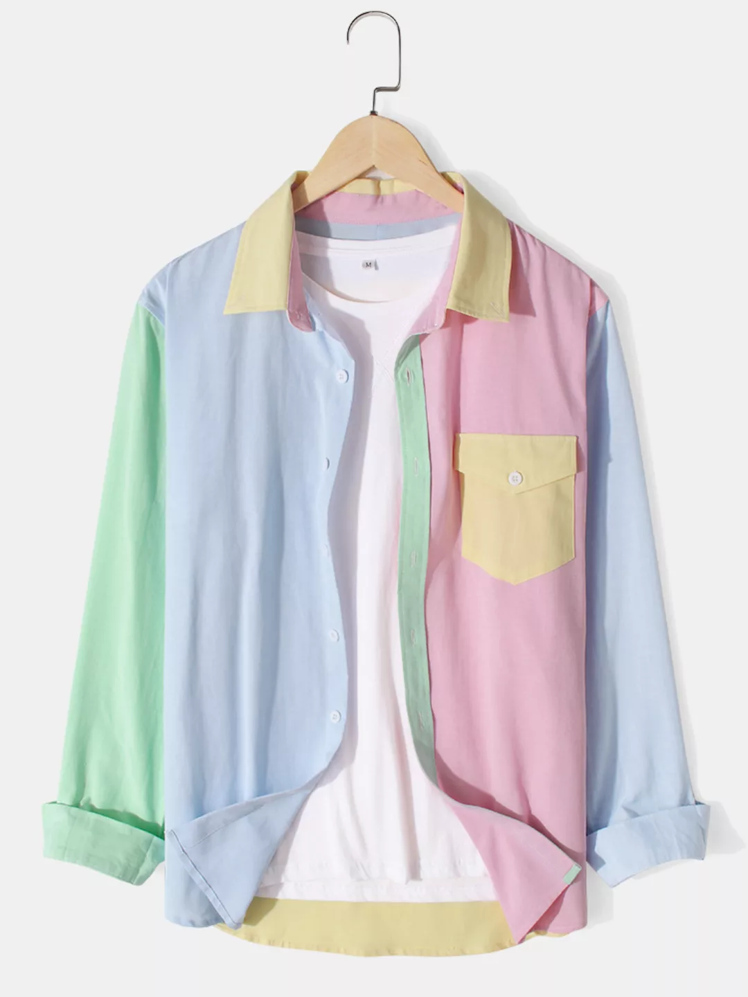 Herren Designer Macaron Colorblock Revers Langarmhemden mit Klappentasche günstig online kaufen